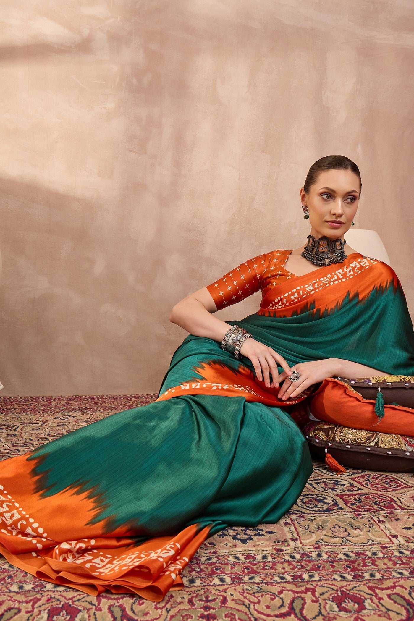Buy MySilkLove Forest Green Printed Satin Crepe Silk Saree Online