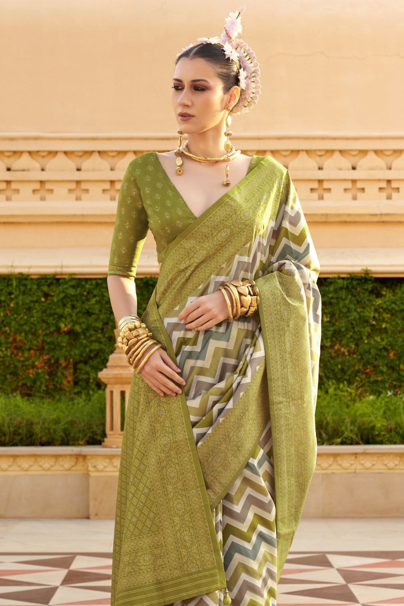 Buy MySilkLove Olive Green Woven Patola Printed Silk Saree Online