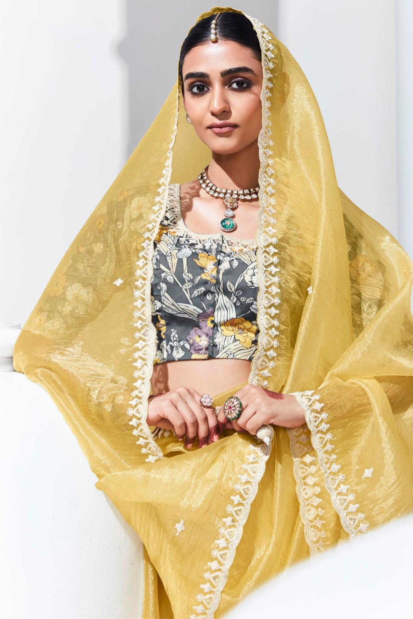 Buy MySilkLove Portafino Yellow Tissue Organza Designer Partywear Saree Online