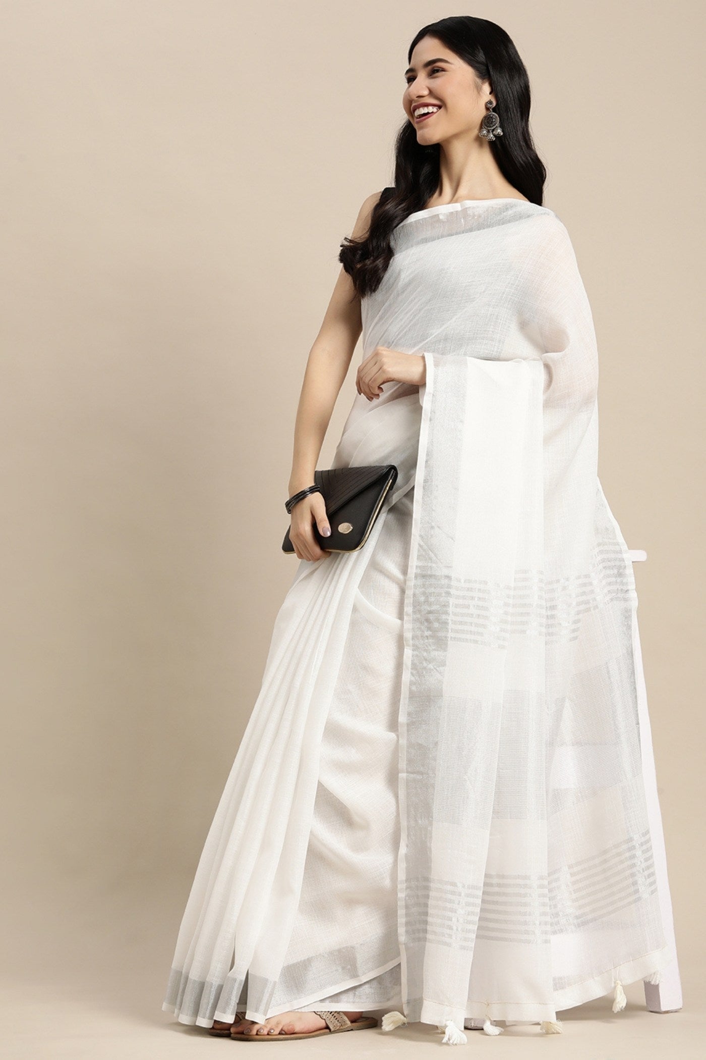 Buy MySilkLove Lily White Woven Linen Cotton Saree Online