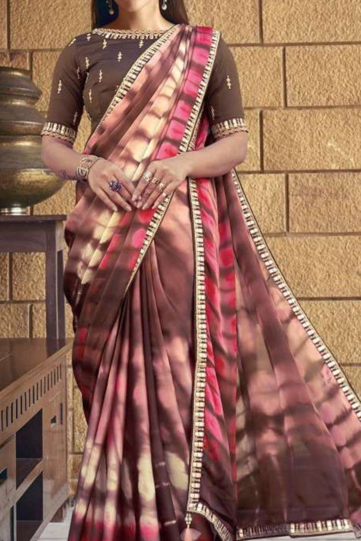 Buy MySilkLove Coral Tree Brown Georgette Printed Silk Saree Online