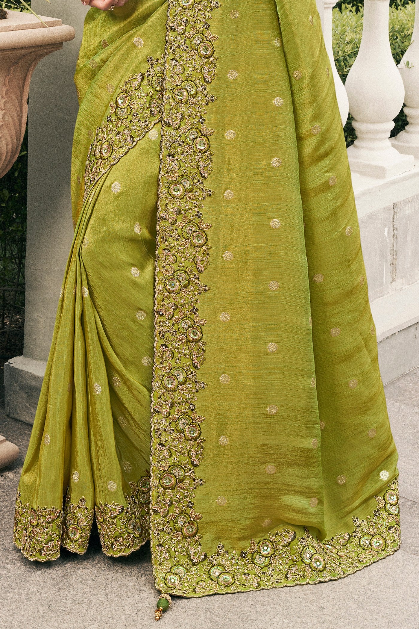 Buy MySilkLove Husk Green Banarasi Designer Embroidered Saree Online