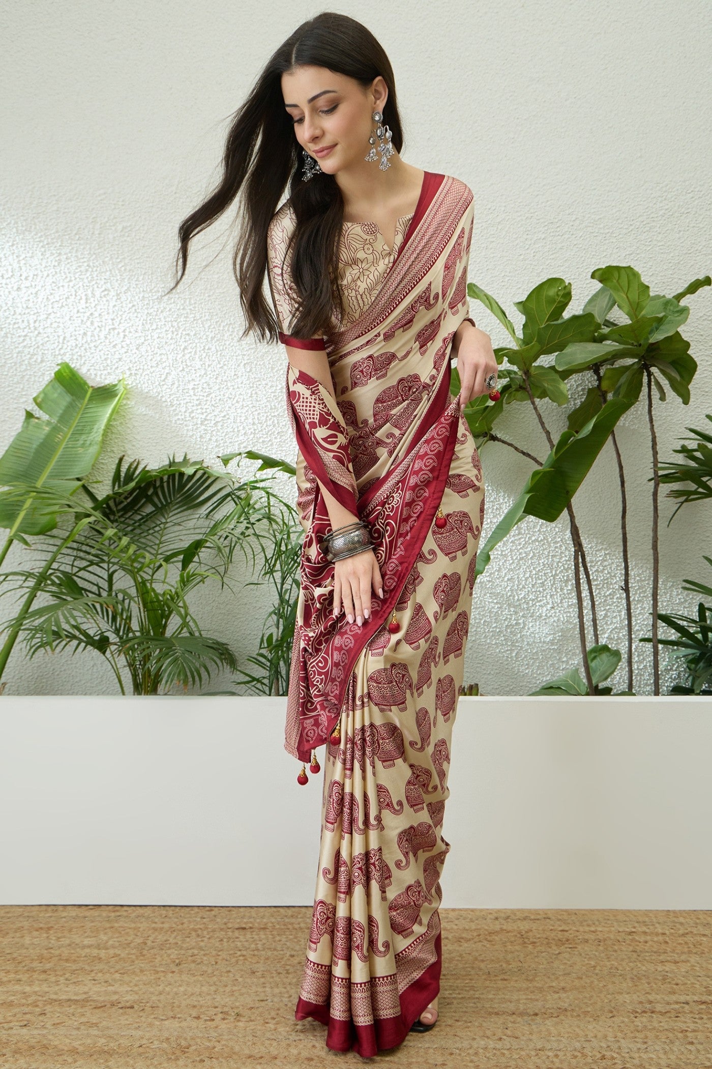 Buy MySilkLove Nacreous Cream and Red Ajrakh Printed Satin Crepe Silk Saree Online