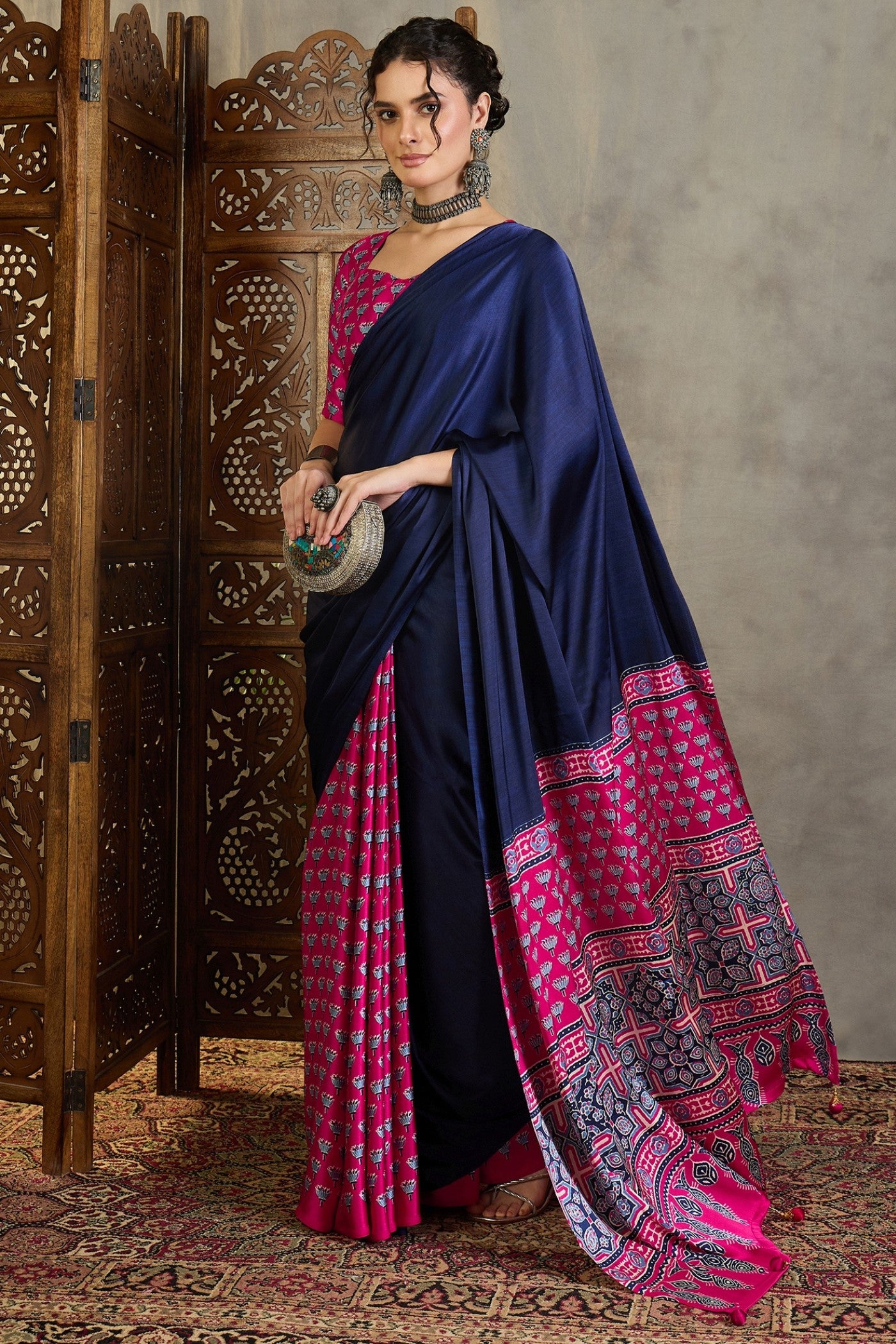 Buy MySilkLove Castle Blue and Pink Ajrakh Printed Satin Crepe Silk Saree Online