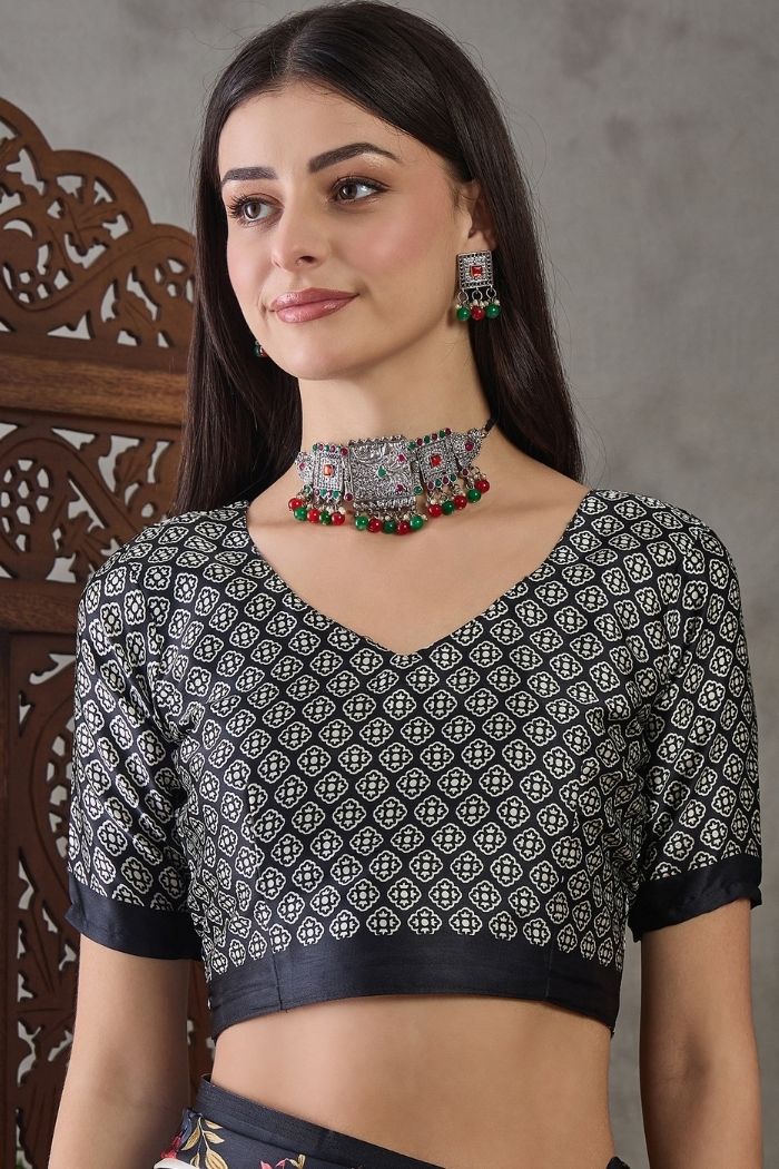 Buy MySilkLove Sisal Black Stripe Printed Floral Satin Gaji Silk Saree Online