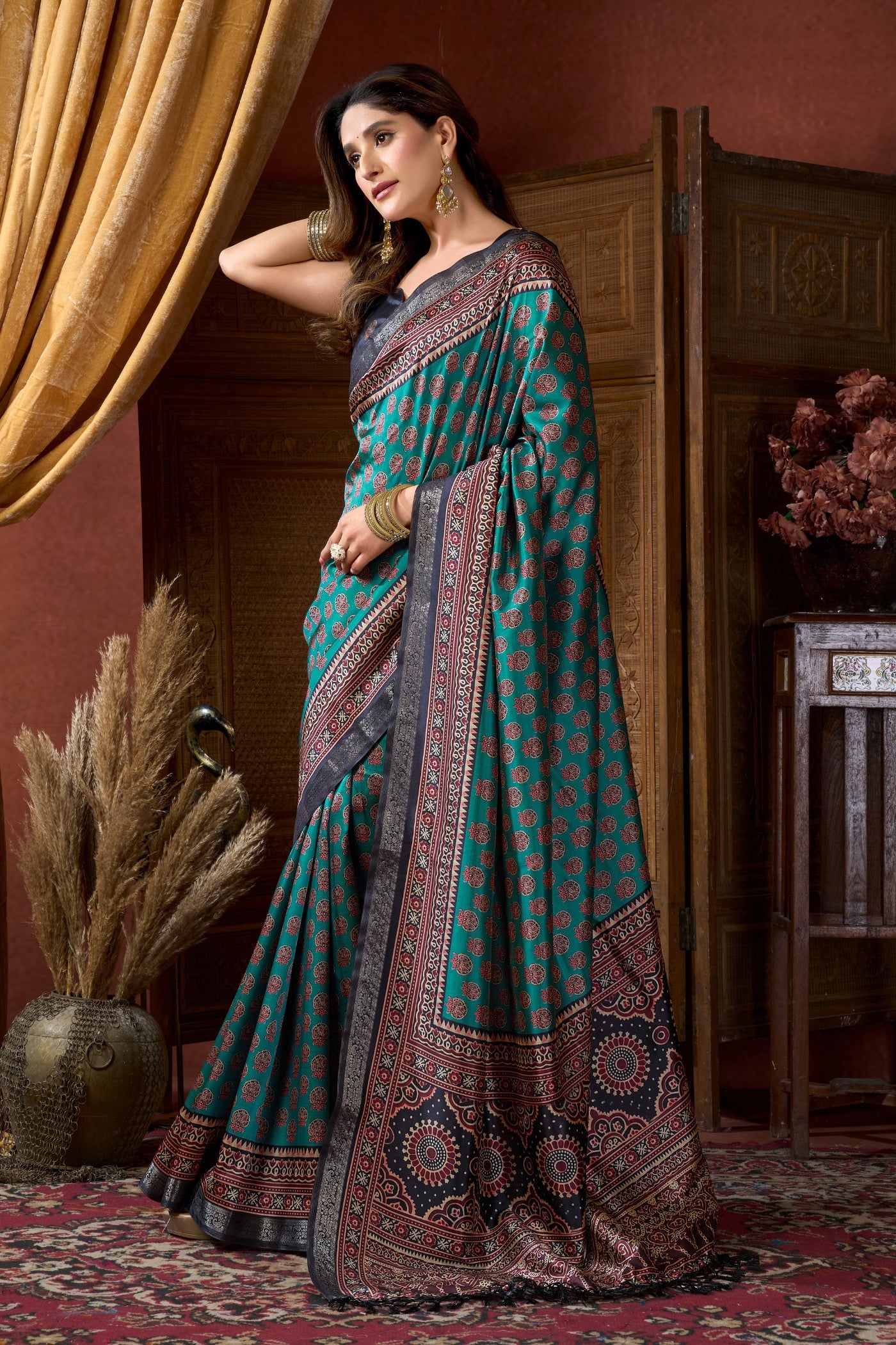 Buy MySilkLove France Blue Ajrakh Printed Saree Online
