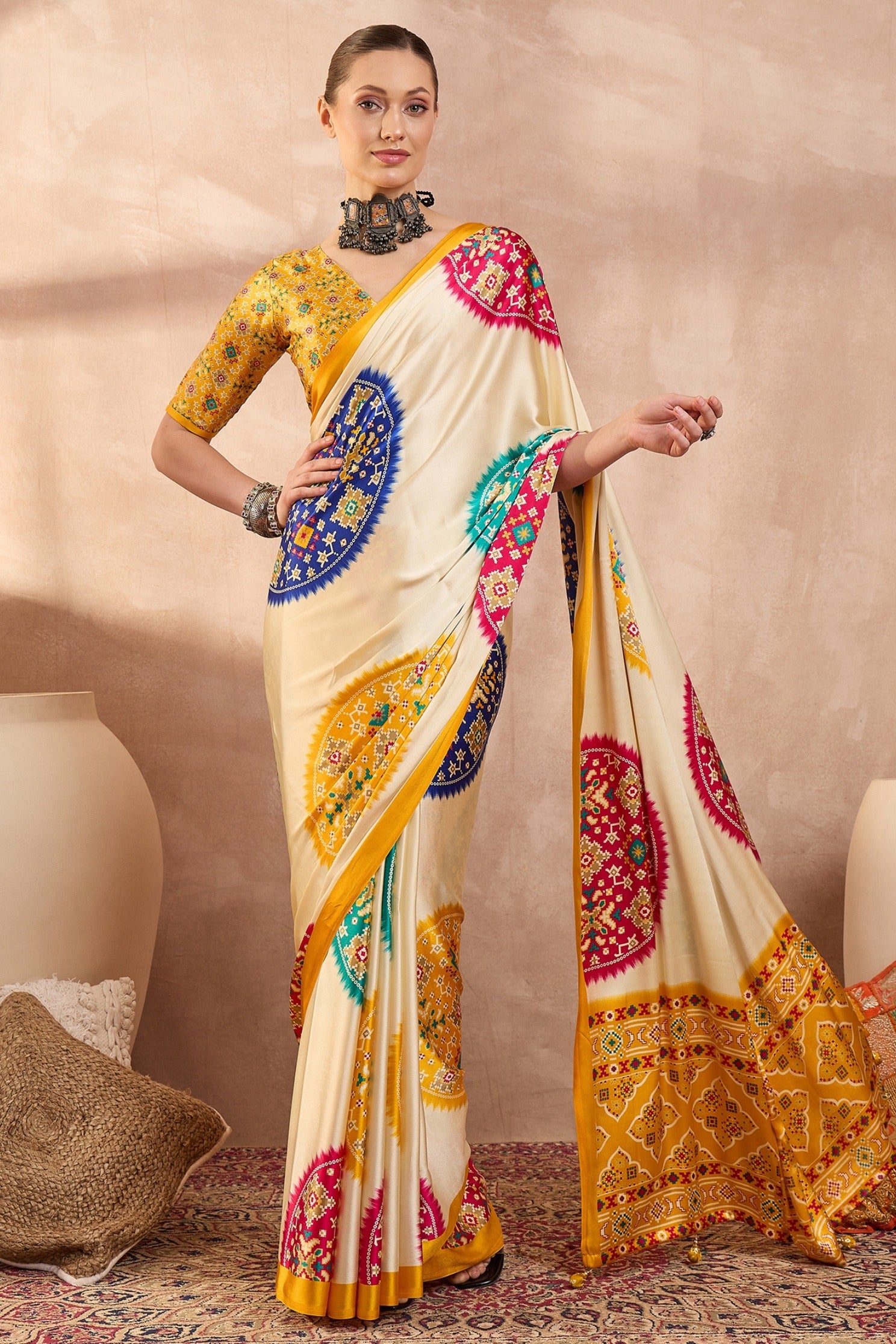 Buy MySilkLove Seashell Cream and Yellow Modal Ajrakh Printed Silk Saree Online