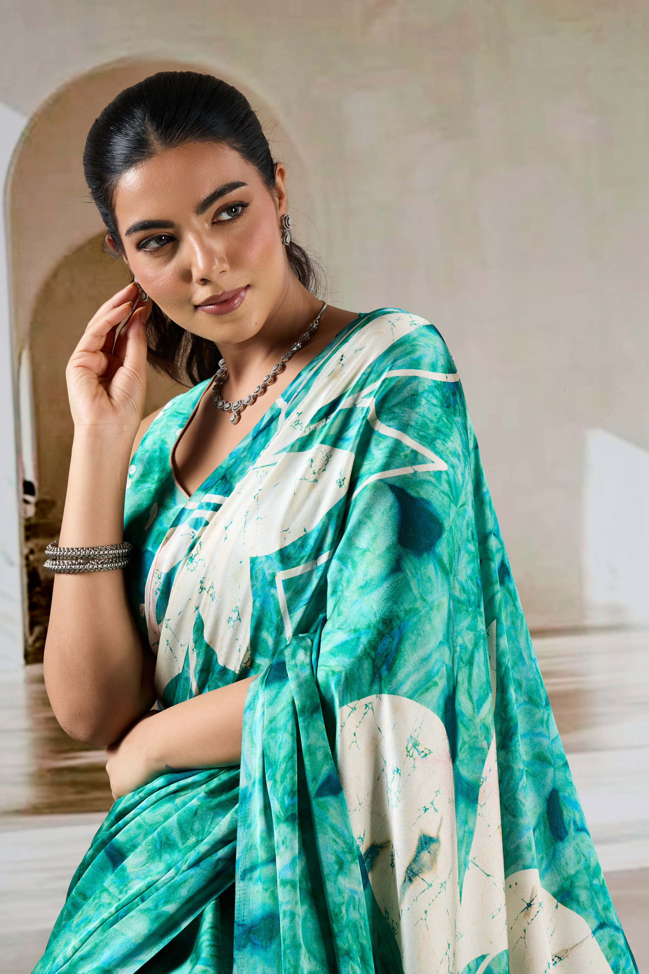 Buy MySilkLove Sea Green Modal Satin Hand Prism Print Saree Online