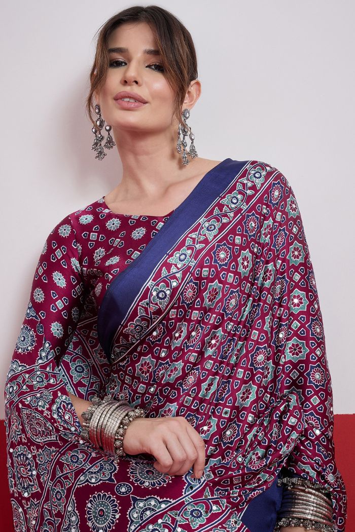 Buy MySilkLove Coral Purple Modal Ajrakh Satin Printed Mirror Work Saree Online