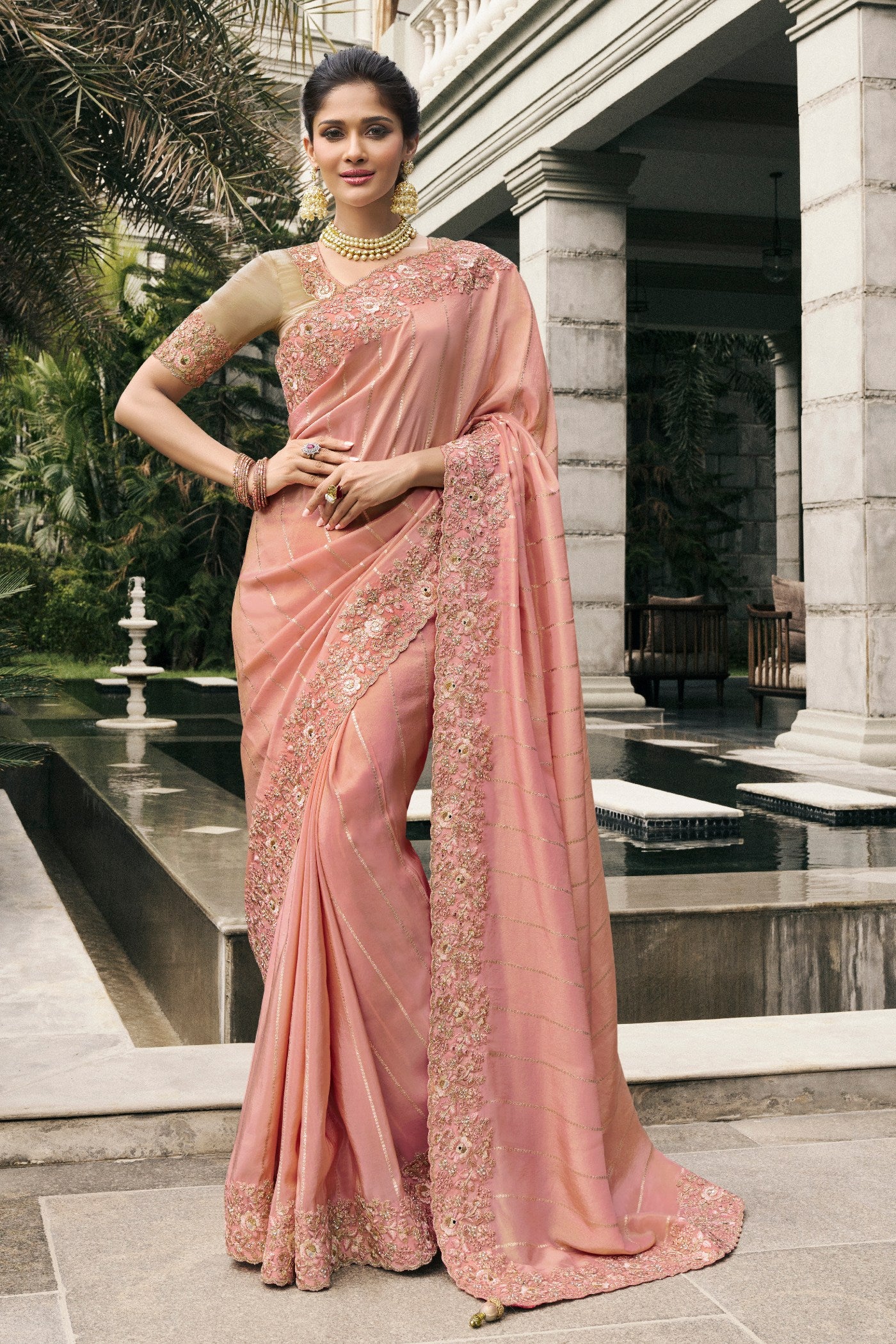 Buy MySilkLove Cashmere Peach Banarasi Designer Embroidered Saree Online