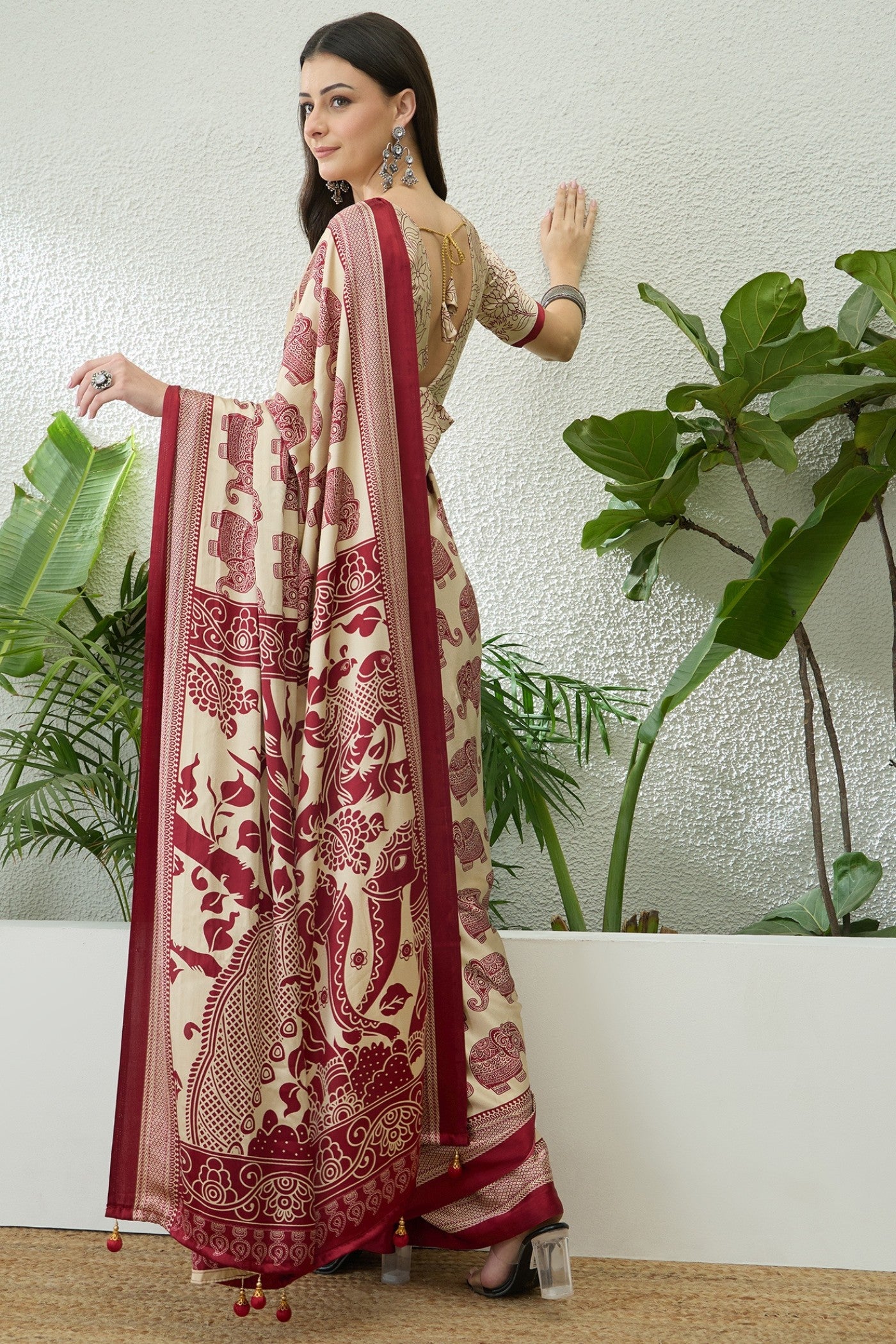 Buy MySilkLove Nacreous Cream and Red Ajrakh Printed Satin Crepe Silk Saree Online