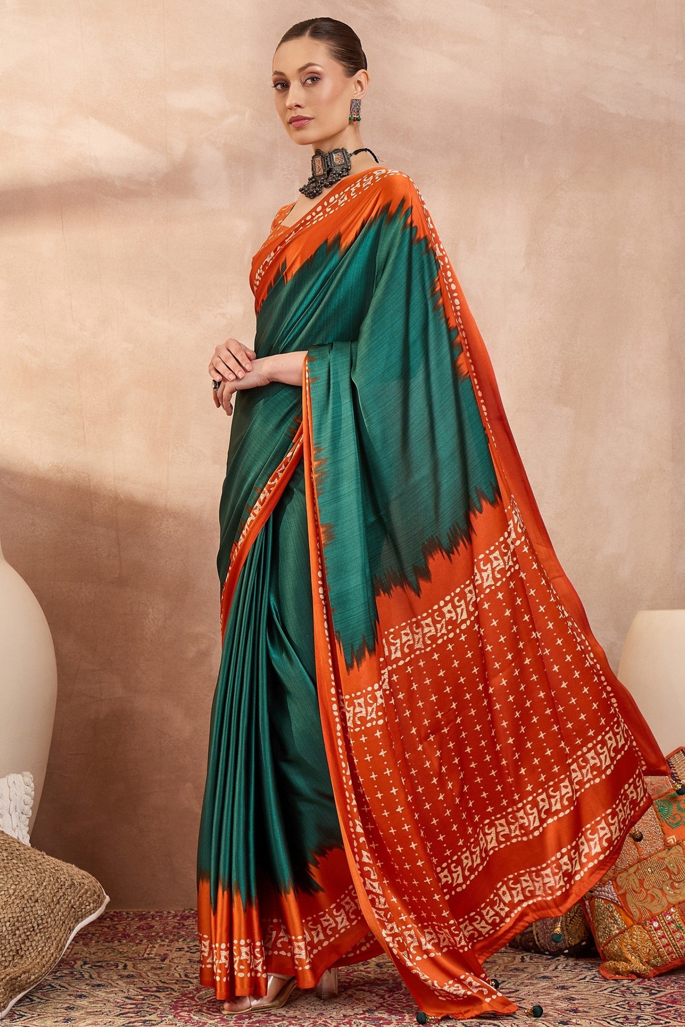 Buy MySilkLove Forest Green Printed Satin Crepe Silk Saree Online