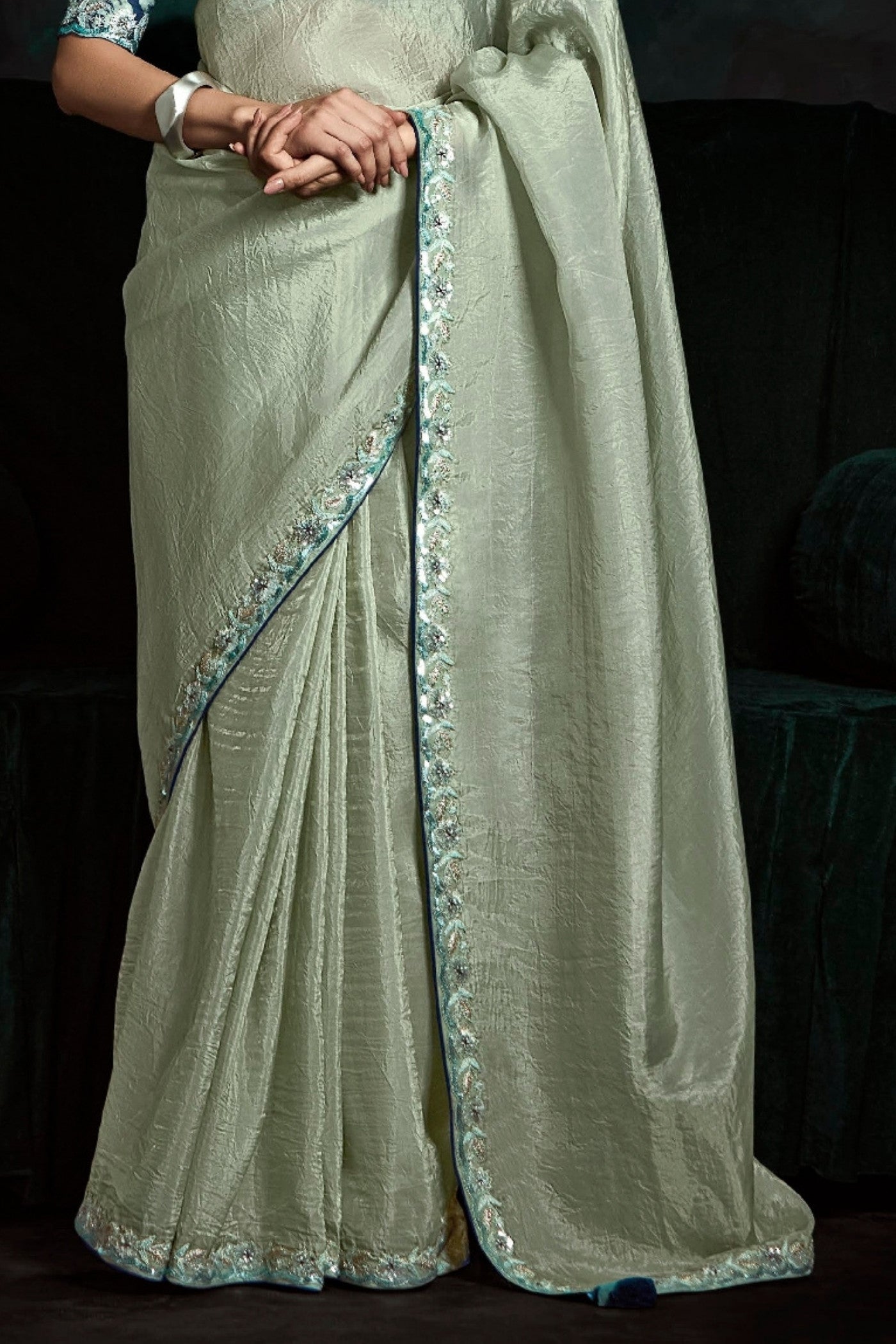 Buy MySilkLove Sage Green Embroidered Tissue Designer Saree Online