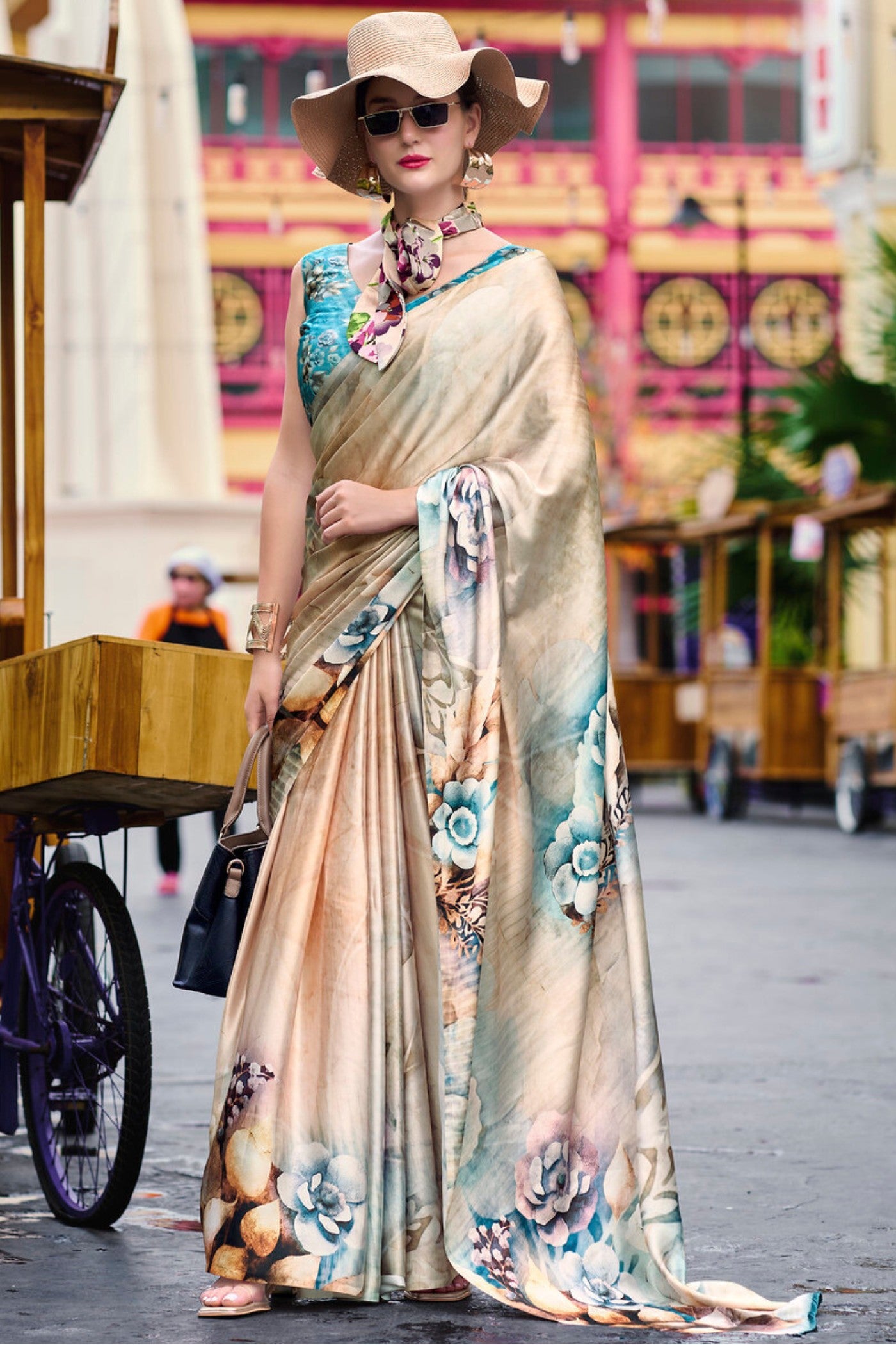 Buy MySilkLove Desert Sand Cream Printed Satin Crepe Silk Saree Online