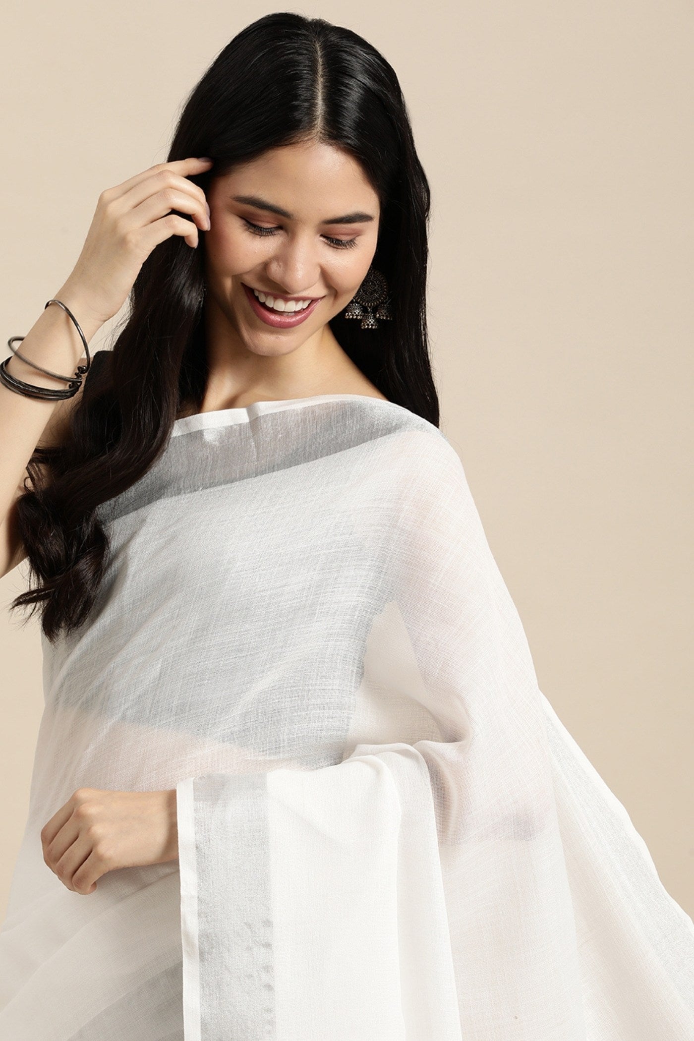 Buy MySilkLove Lily White Woven Linen Cotton Saree Online