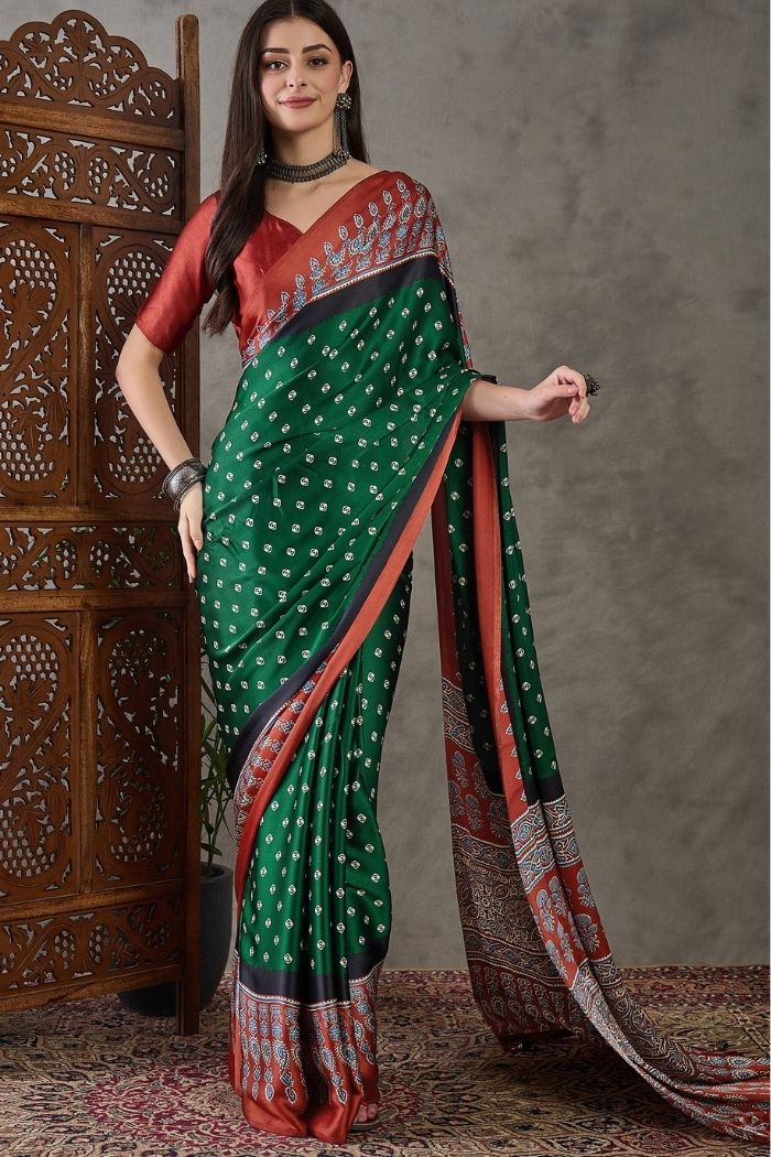 Buy MySilkLove Bottle Green Ajrakh Printed Satin Gaji Silk Saree Online