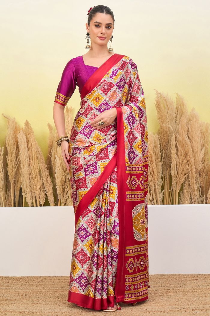 Buy MySilkLove Thistle Purple and Red Patola Printed Satin Crepe Silk Saree Online