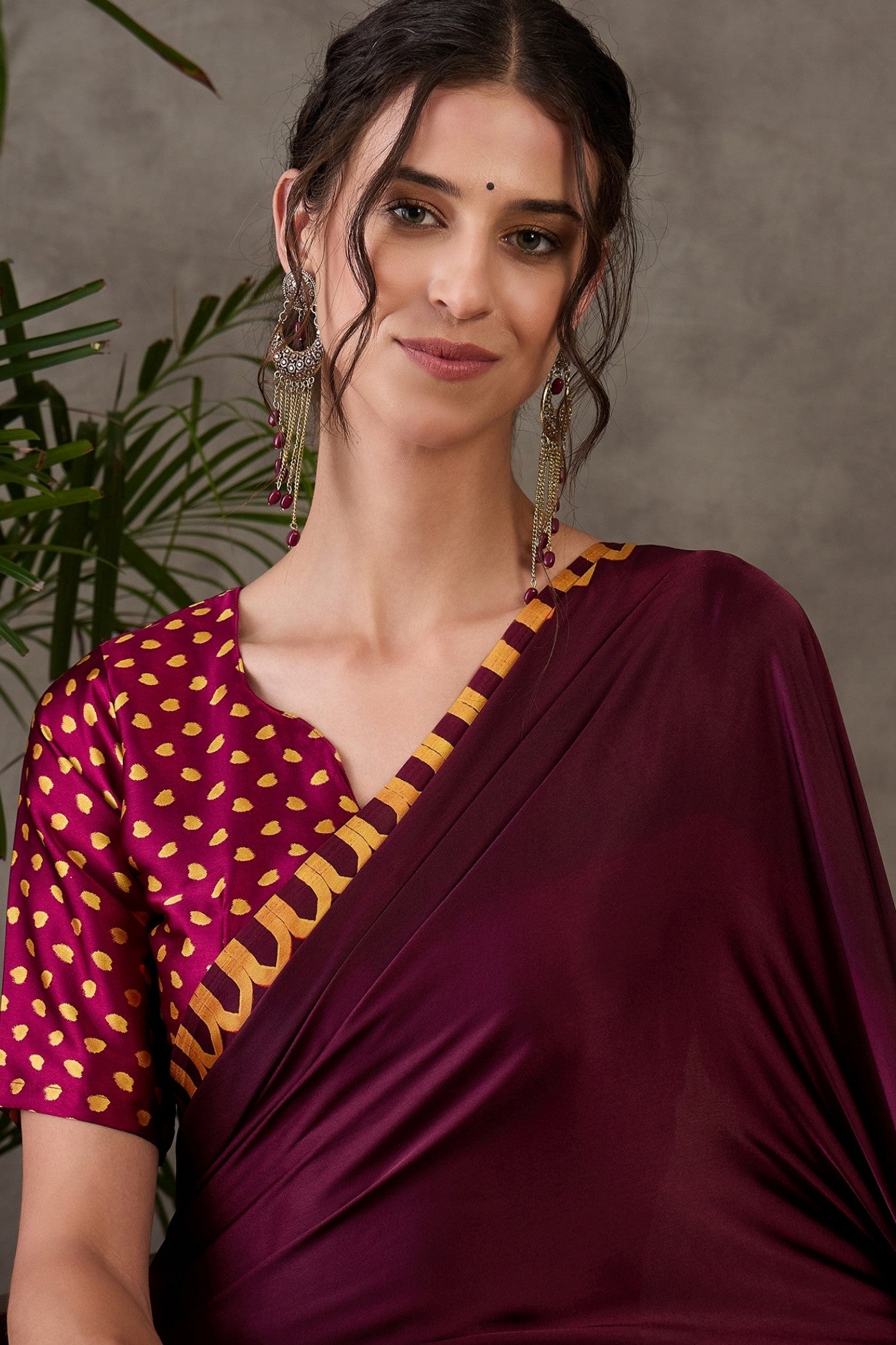 MySilkLove Burgundy Maroon Printed Satin Gaji Silk Saree