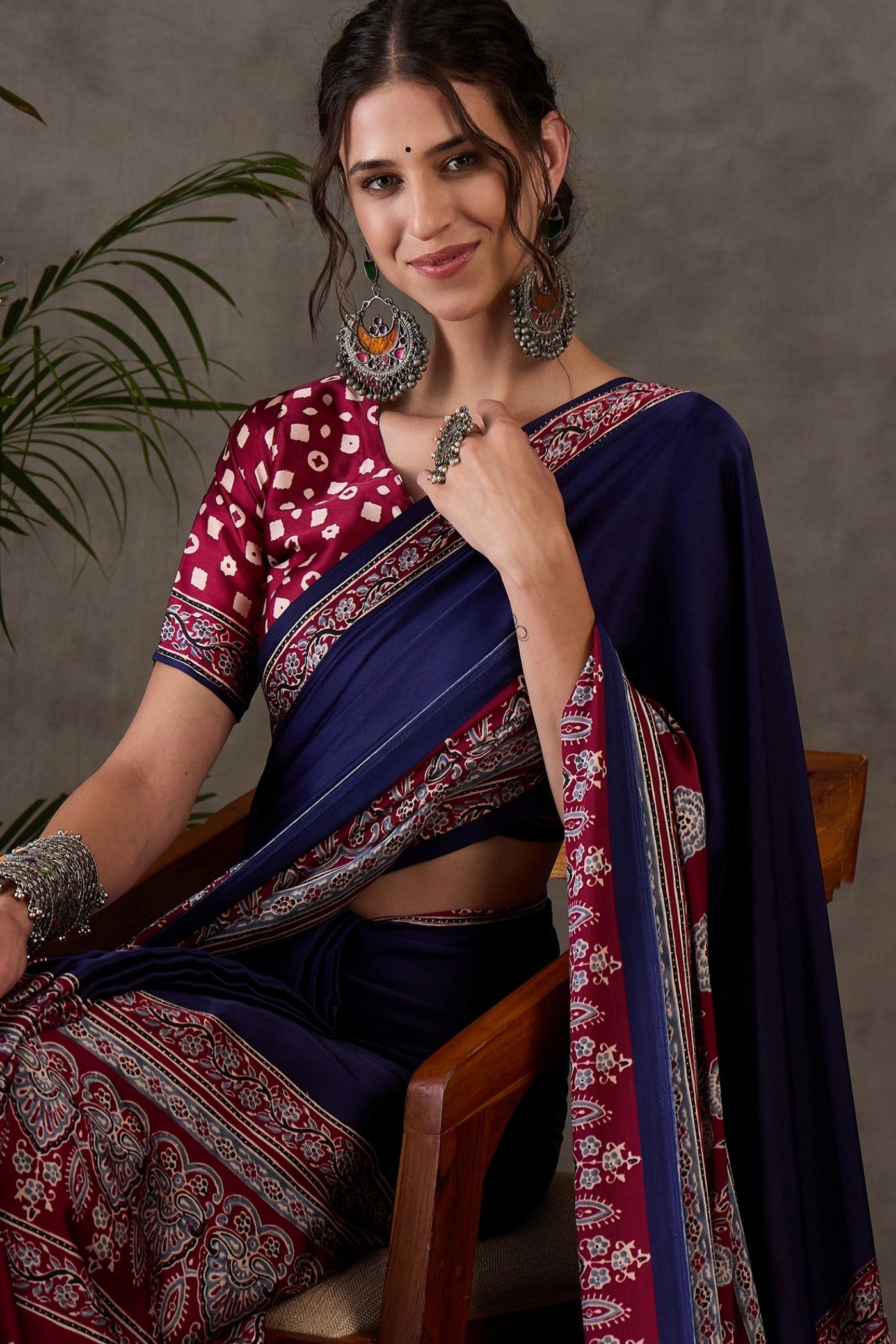 MySilkLove Navy Blue Printed Satin Gaji Silk Saree