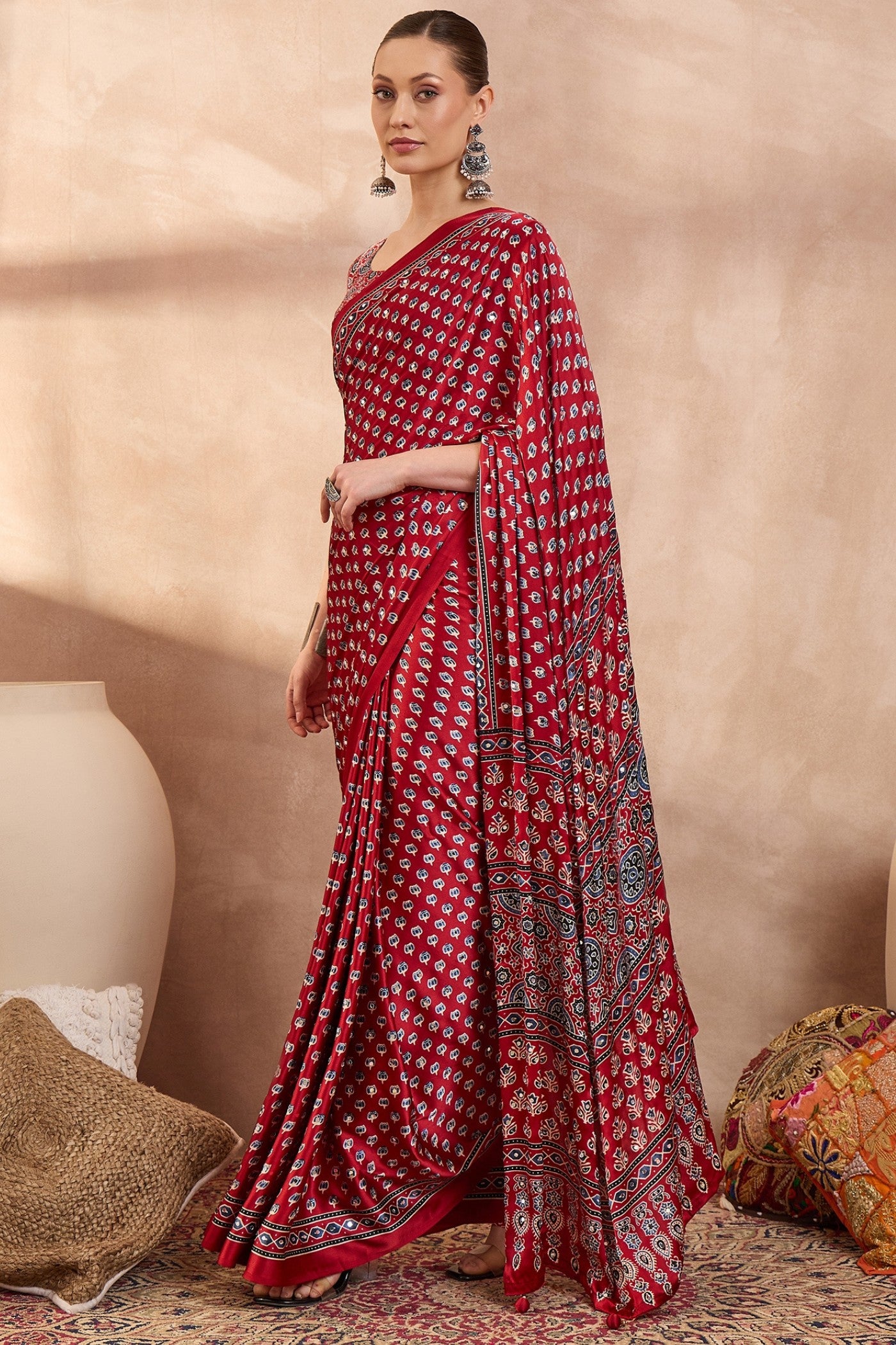 Buy MySilkLove Rosewood Red Modal Ajrakh Satin Printed Silk Saree Online