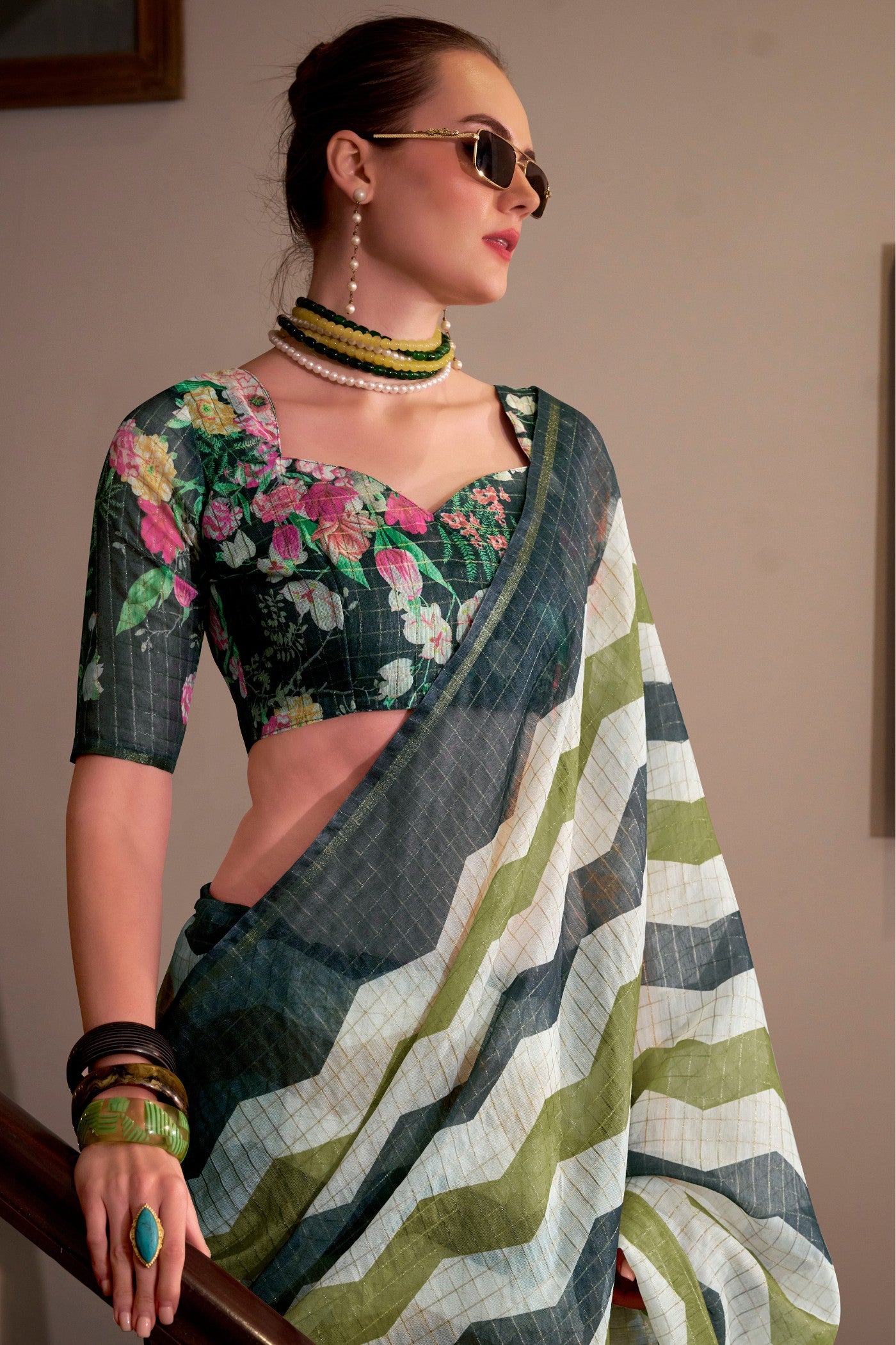 Buy MySilkLove Limed Spruce Grey and White Woven Linen Saree Online