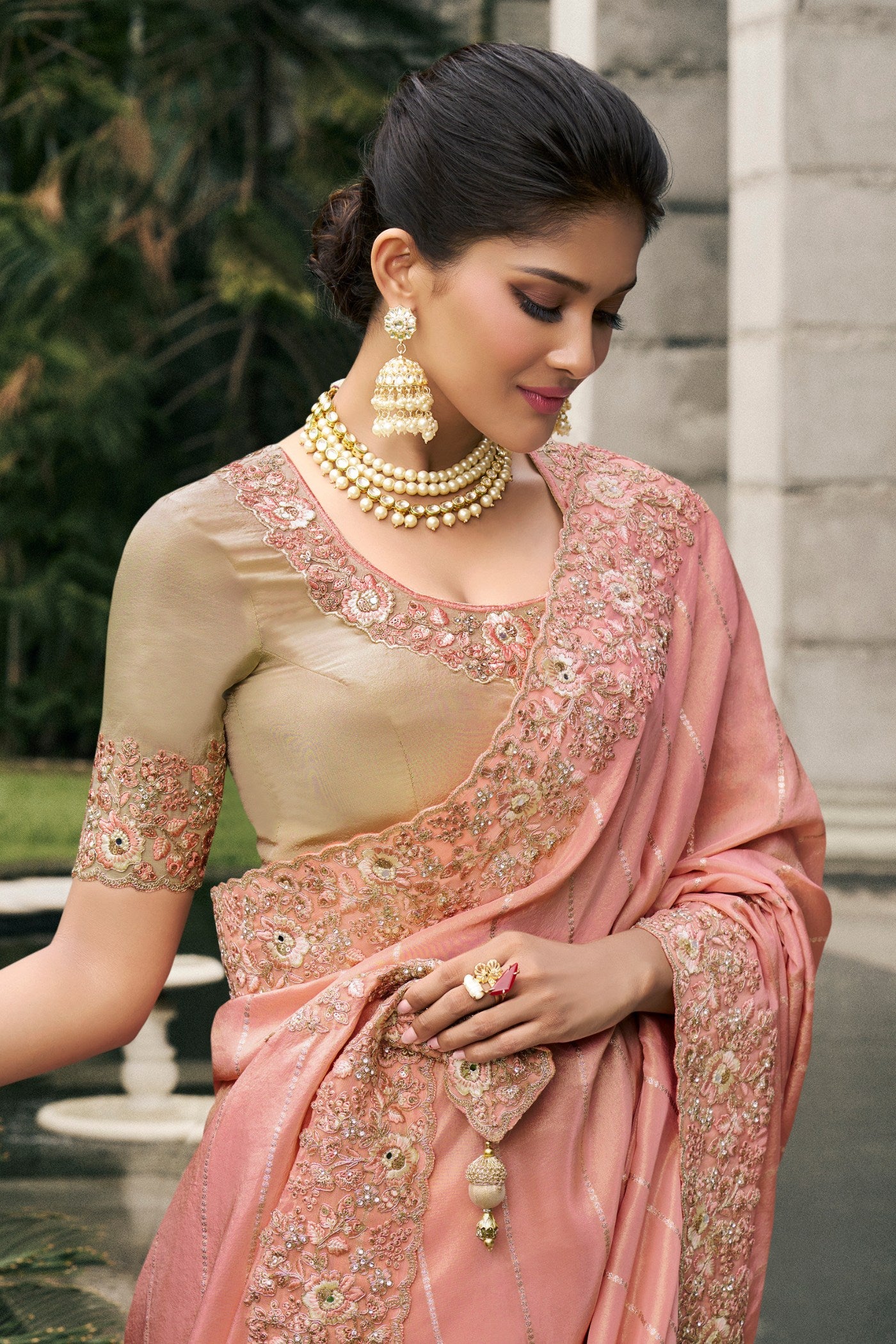 Buy MySilkLove Cashmere Peach Banarasi Designer Embroidered Saree Online