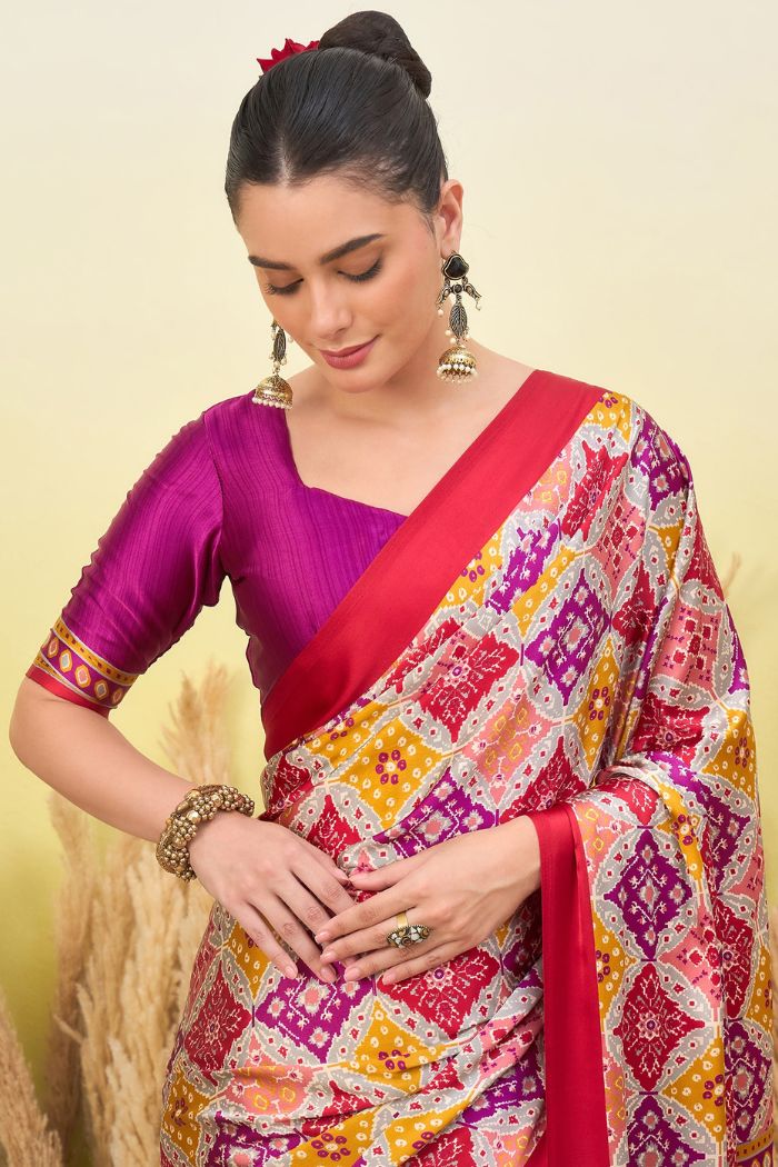 Buy MySilkLove Thistle Purple and Red Patola Printed Satin Crepe Silk Saree Online