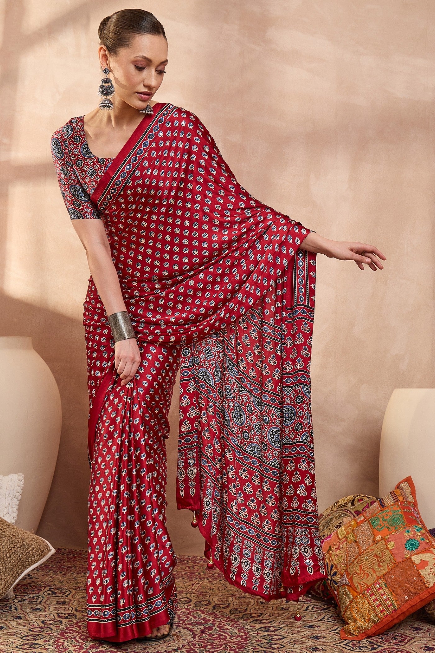 Buy MySilkLove Rosewood Red Modal Ajrakh Satin Printed Silk Saree Online