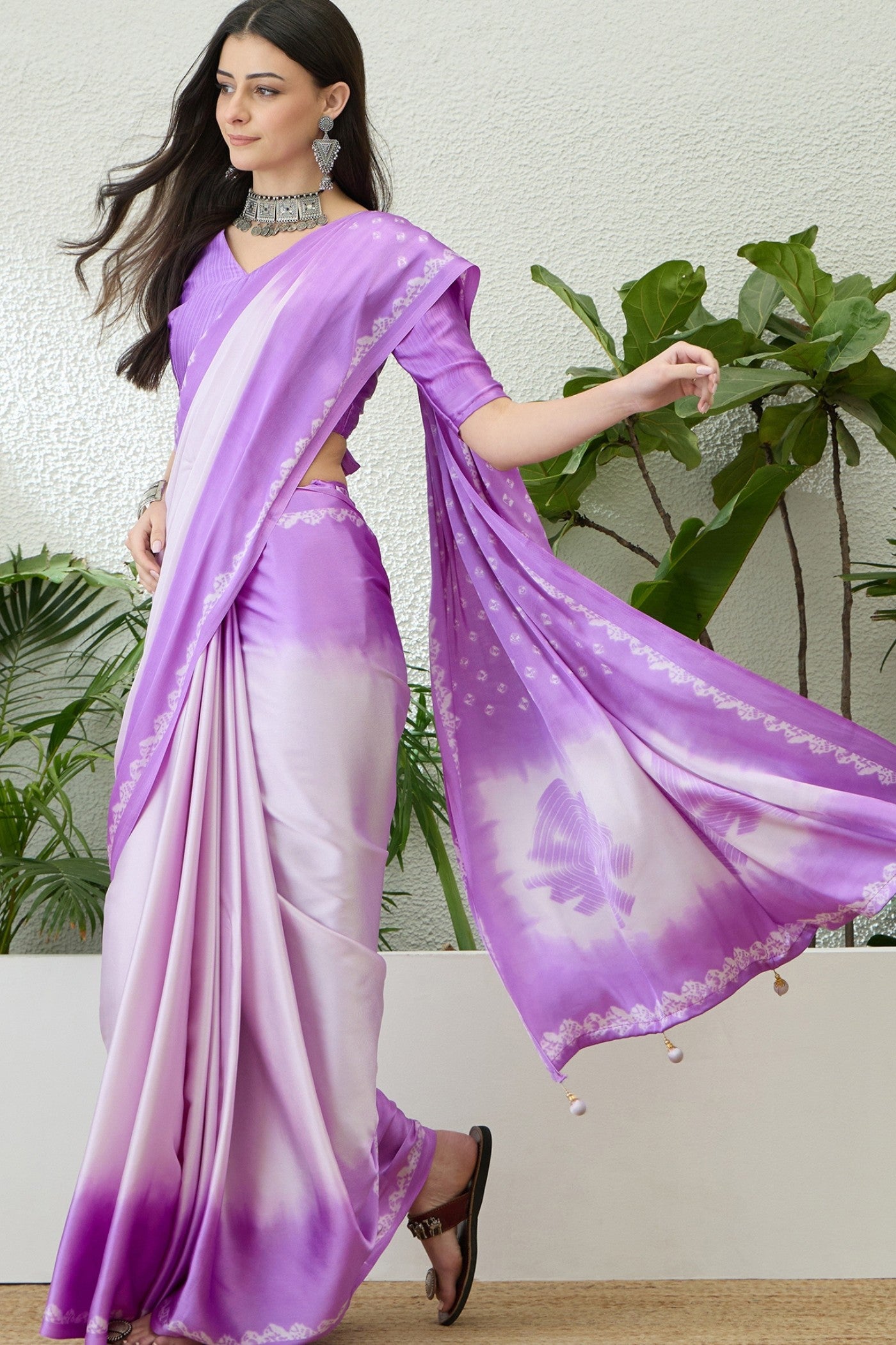 Buy MySilkLove Liseran Purple Printed Satin Crepe Silk Saree Online
