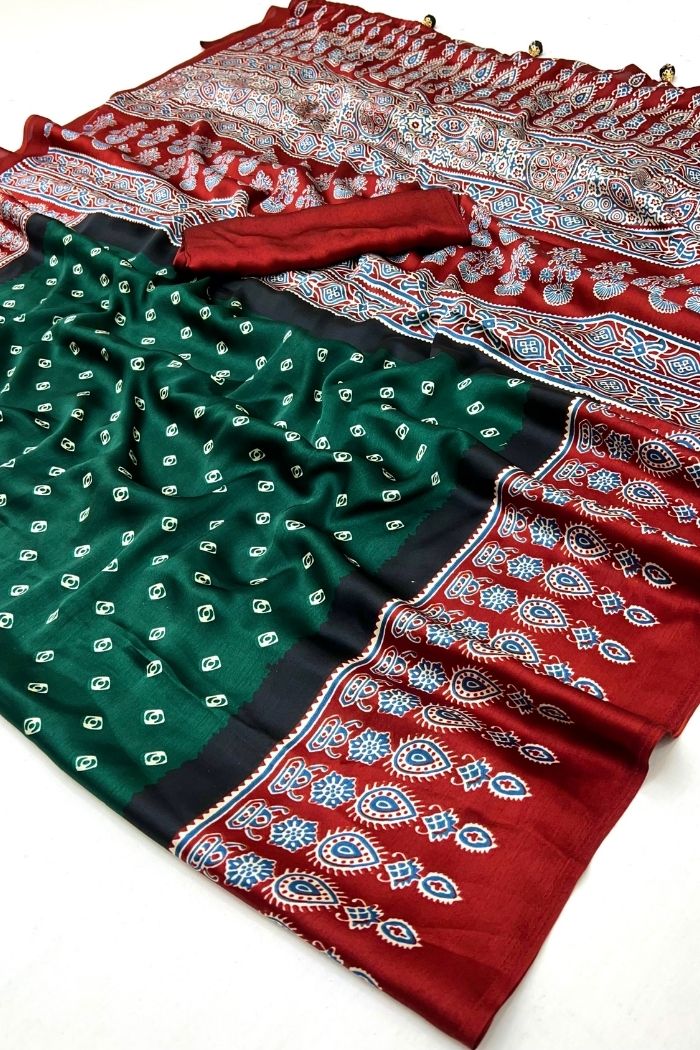 Buy MySilkLove Bottle Green Ajrakh Printed Satin Gaji Silk Saree Online