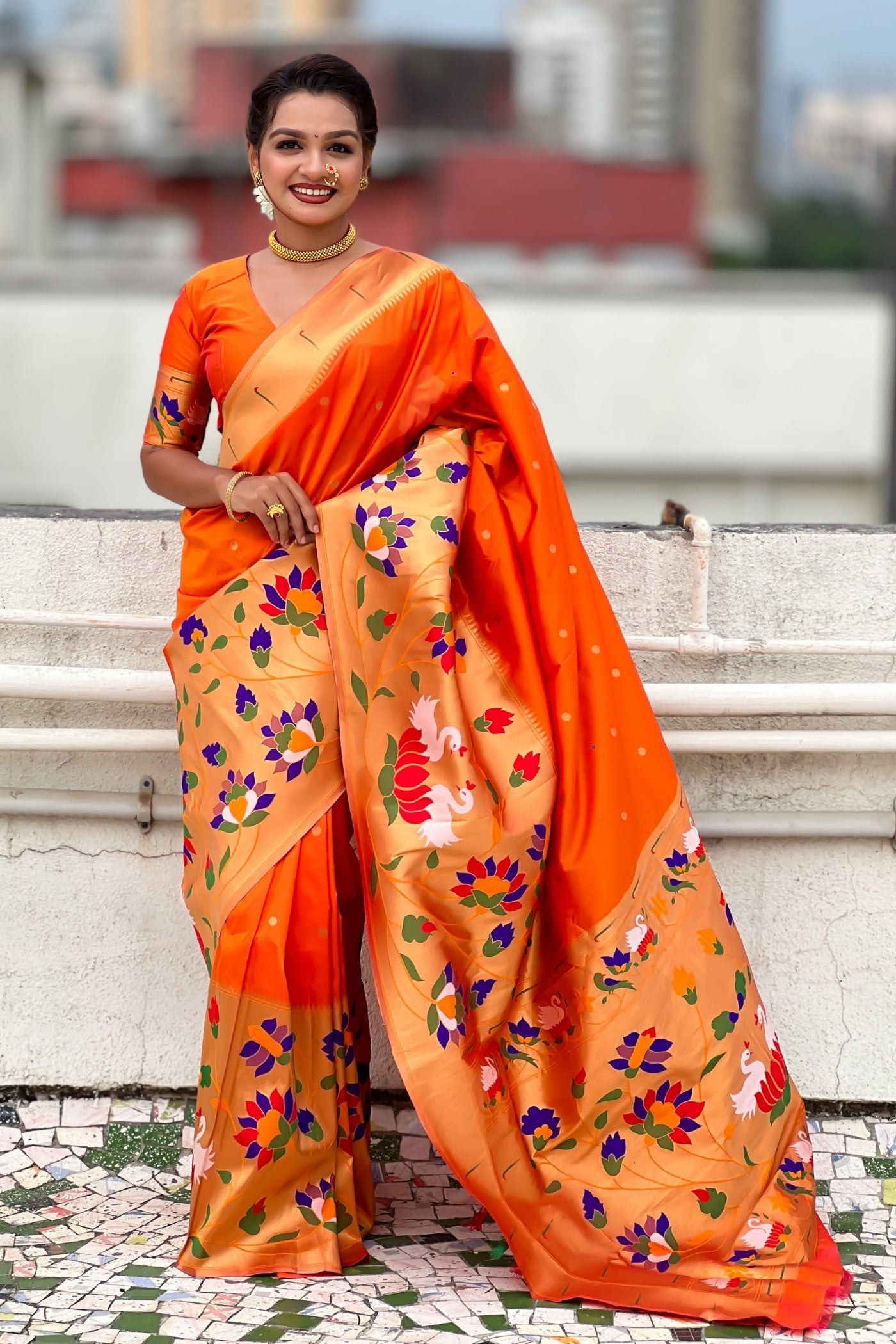 Buy MySilkLove Princeton Orange Woven Paithani Saree Online