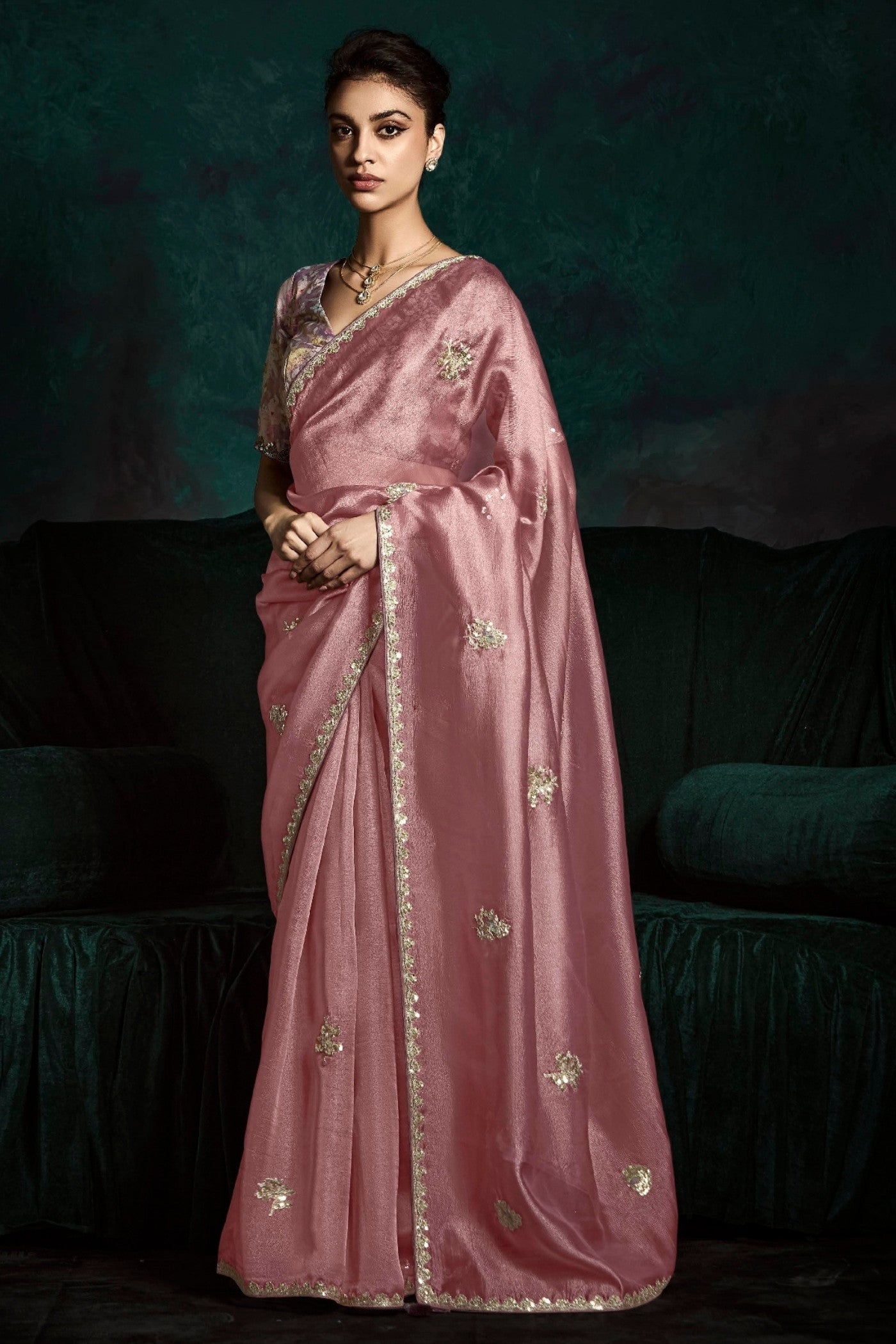 Buy MySilkLove Bush Pink Embroidered Tissue Designer Saree Online