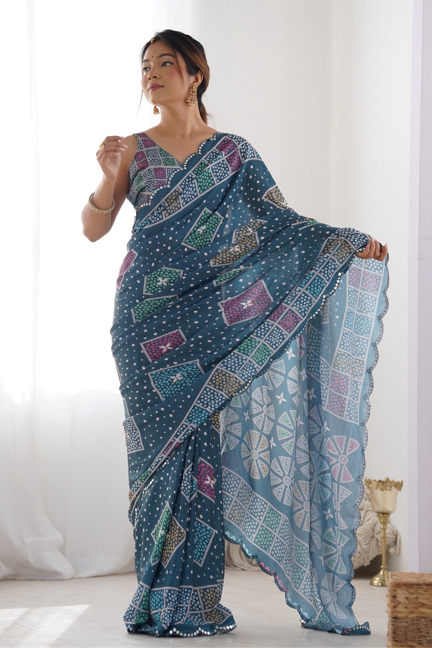 Buy MySilkLove Chambray Blue Digital Printed Chinon Saree Online