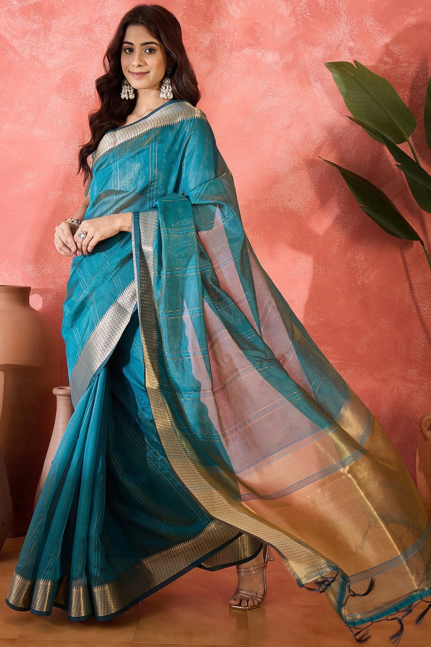 Buy MySilkLove Cyan Blue Woven Organza Saree Online