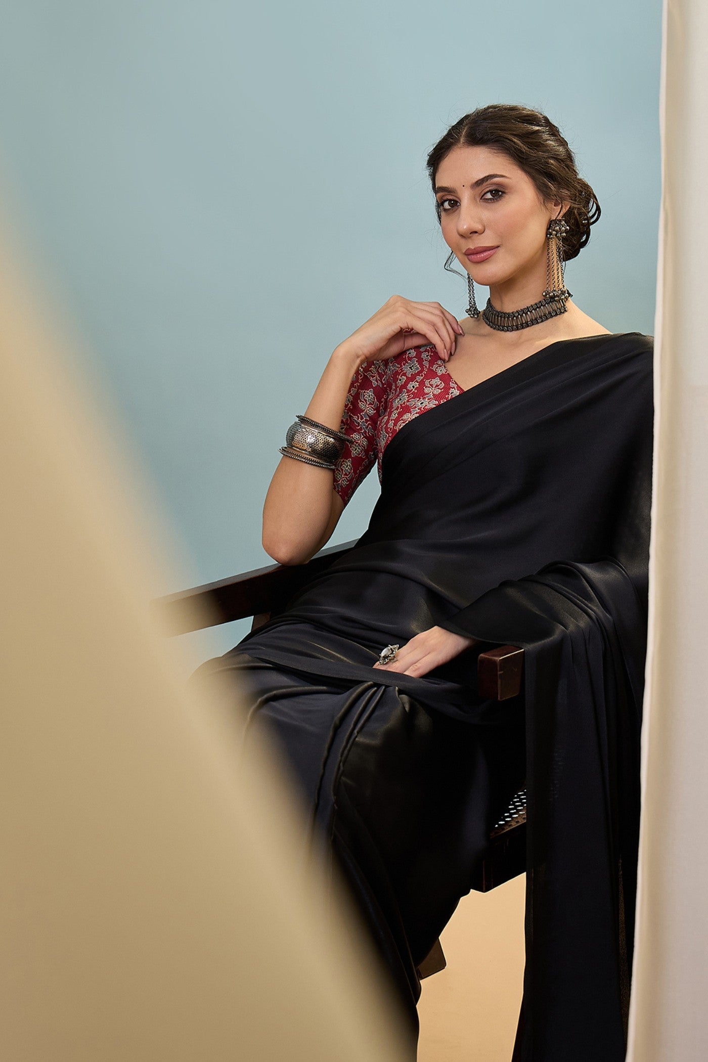 Buy MySilkLove Starfall Black Ajrakh Printed Satin Crepe Silk Saree Online