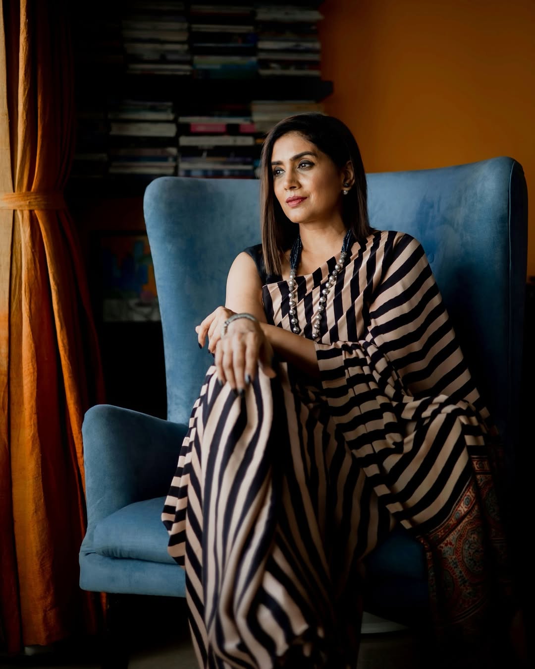 Buy MySilkLove Sonali Kulkarni Inspired: Buff Cream Stripe Ajrakh Printed Satin Gaji Silk Saree Online