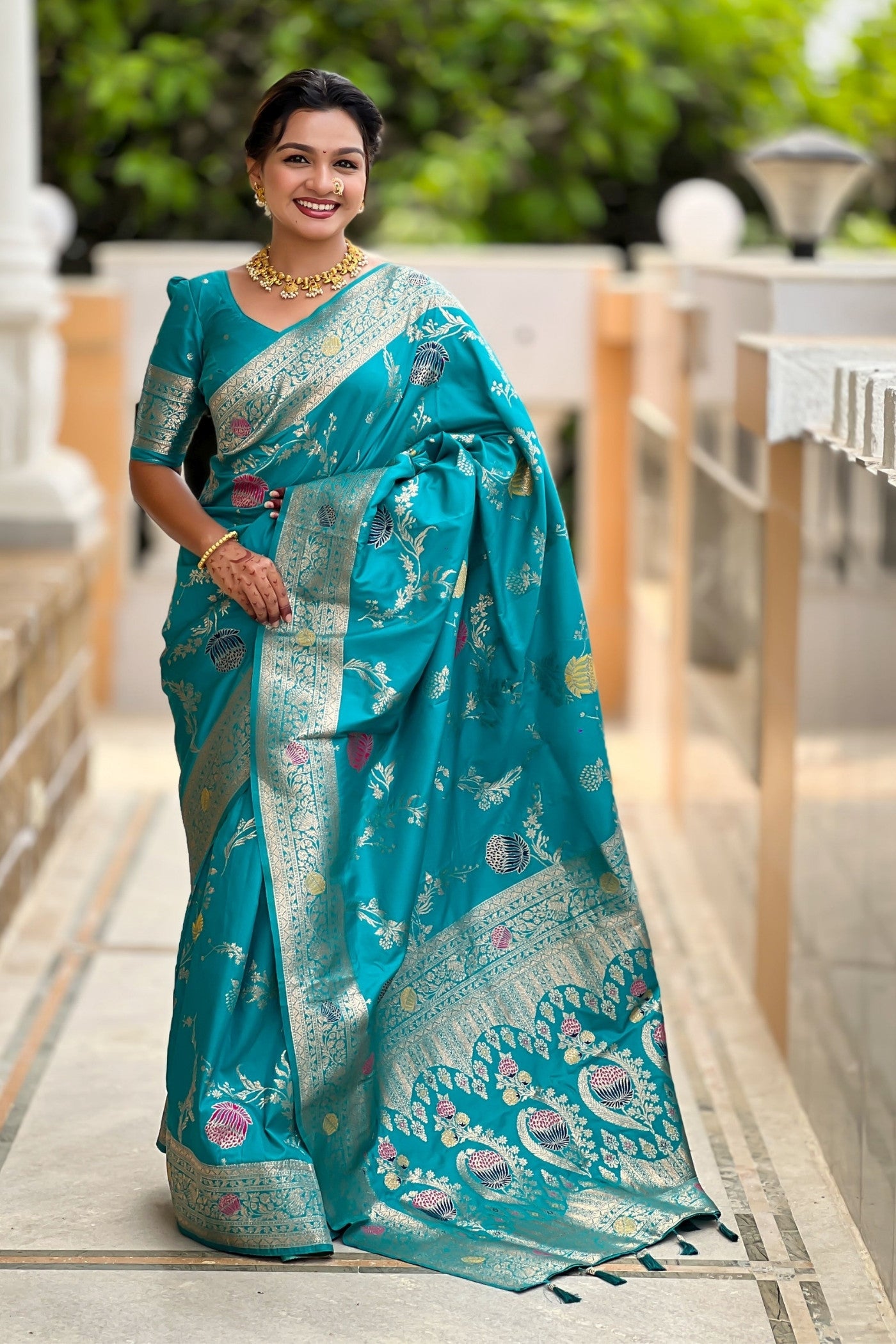 Buy MySilkLove Cerulean Blue Woven Banarasi Saree Online