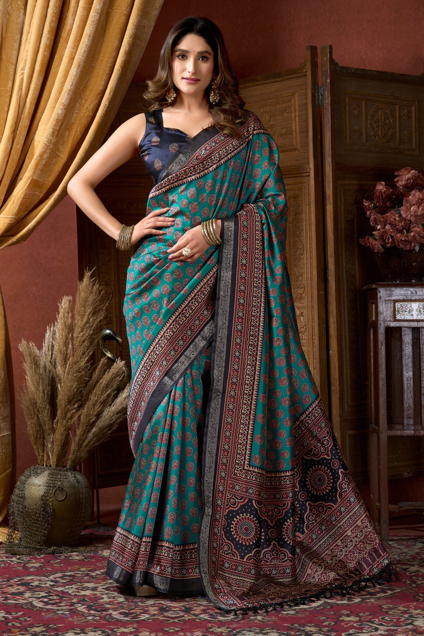 Buy MySilkLove France Blue Ajrakh Printed Saree Online