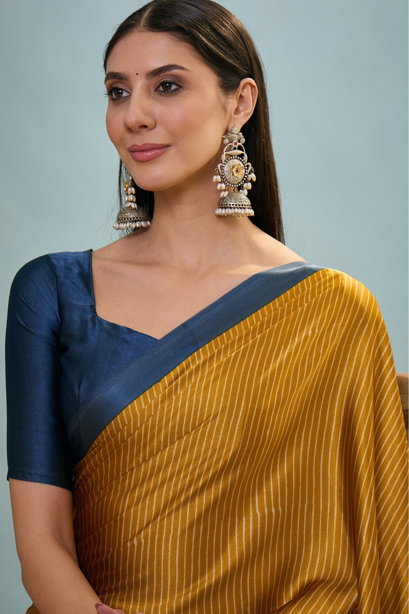 Buy MySilkLove Chrome Yellow Ajrakh Printed Satin Crepe Silk Saree Online