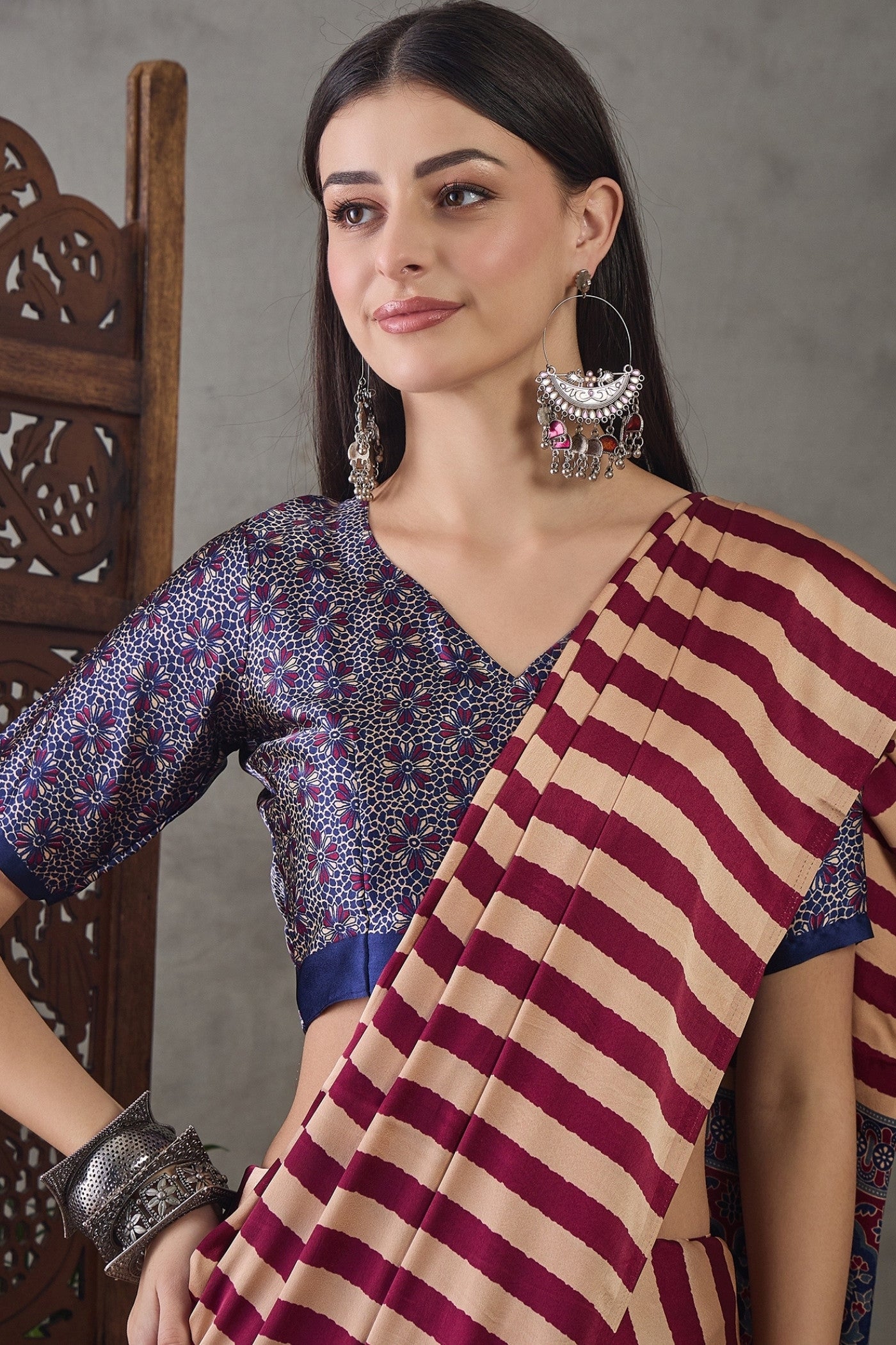 Buy MySilkLove Ruby Red Stripe Ajrakh Printed Satin Gaji Silk Saree Online