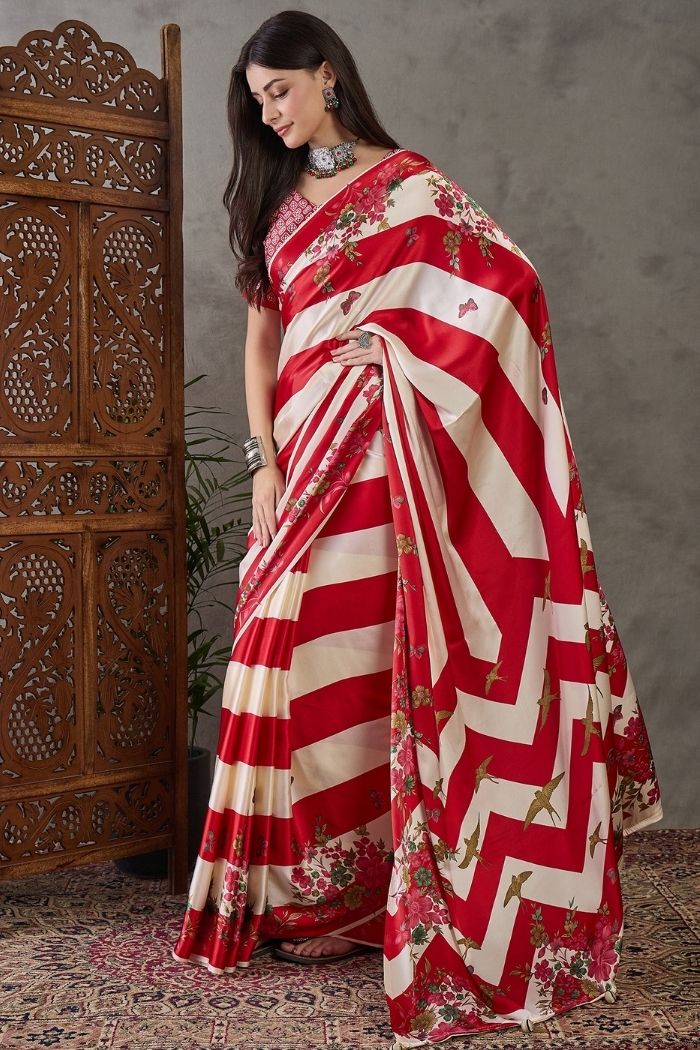 Buy MySilkLove Fire Red Stripe Printed Floral Satin Gaji Silk Saree Online
