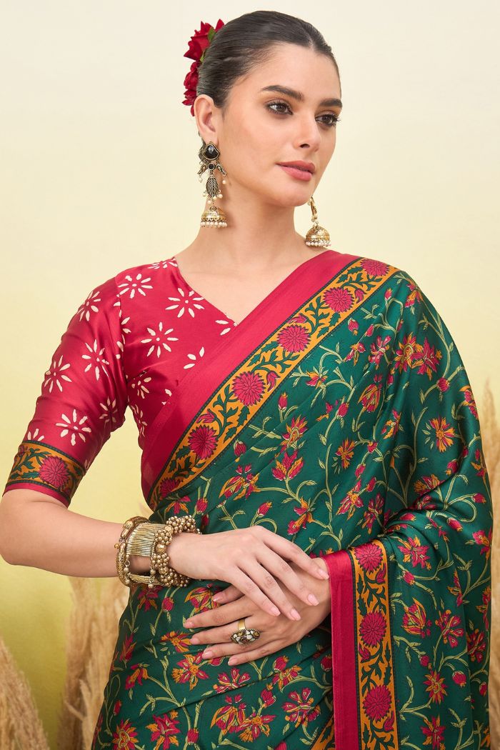 Buy MySilkLove Jungle Green and Red Modal Satin Printed Silk Saree Online