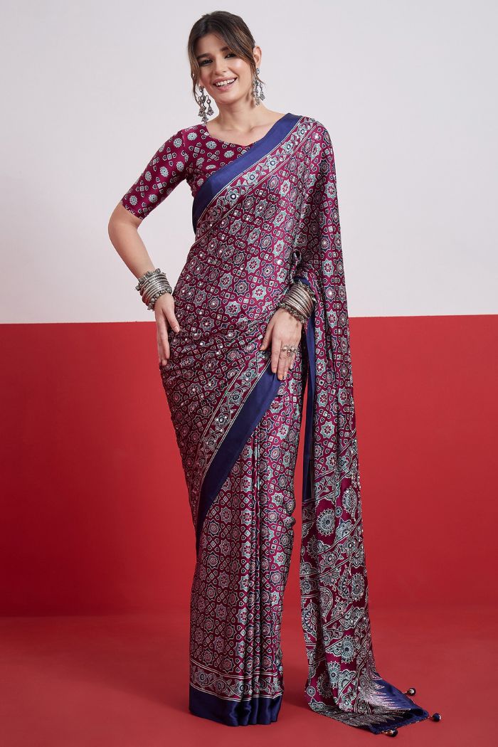 Buy MySilkLove Coral Purple Modal Ajrakh Satin Printed Mirror Work Saree Online