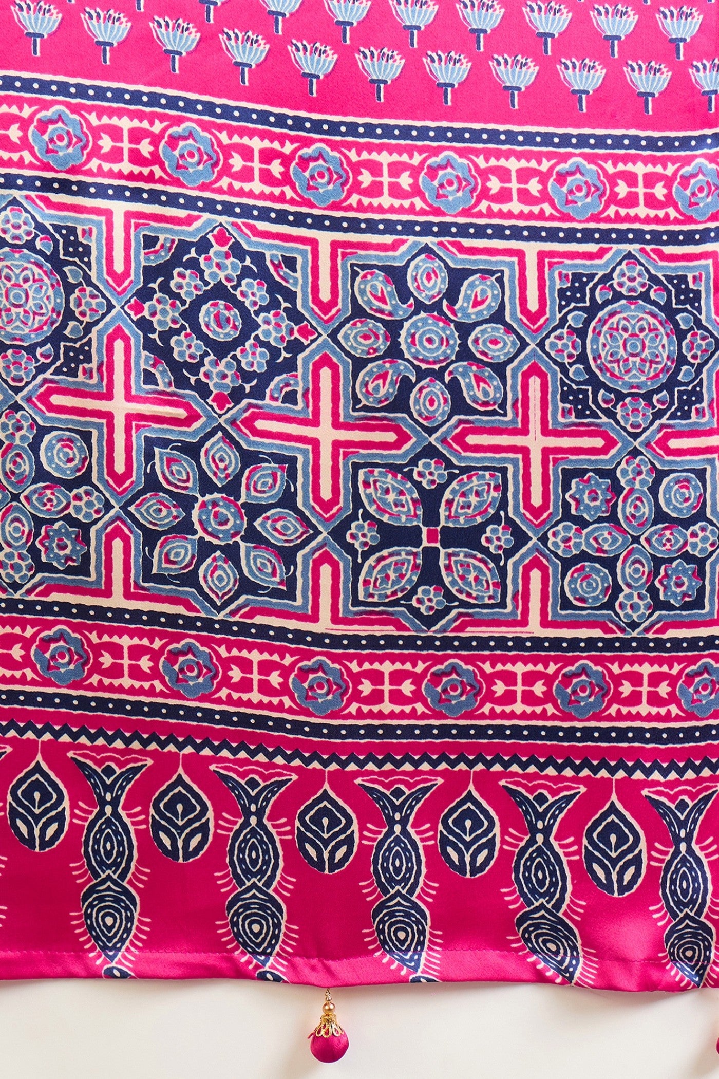 Buy MySilkLove Castle Blue and Pink Ajrakh Printed Satin Crepe Silk Saree Online