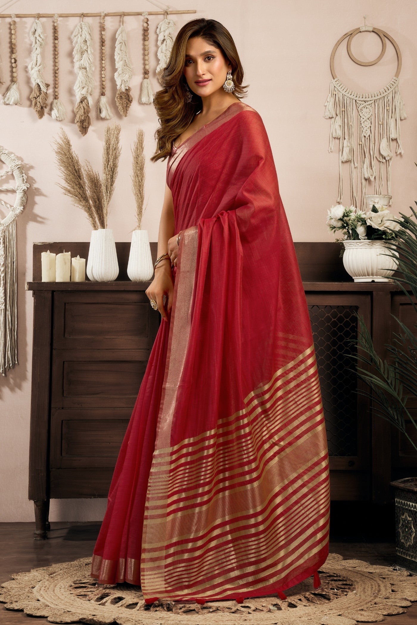 Buy MySilkLove Carmine Red Handloom Cotton Saree Online