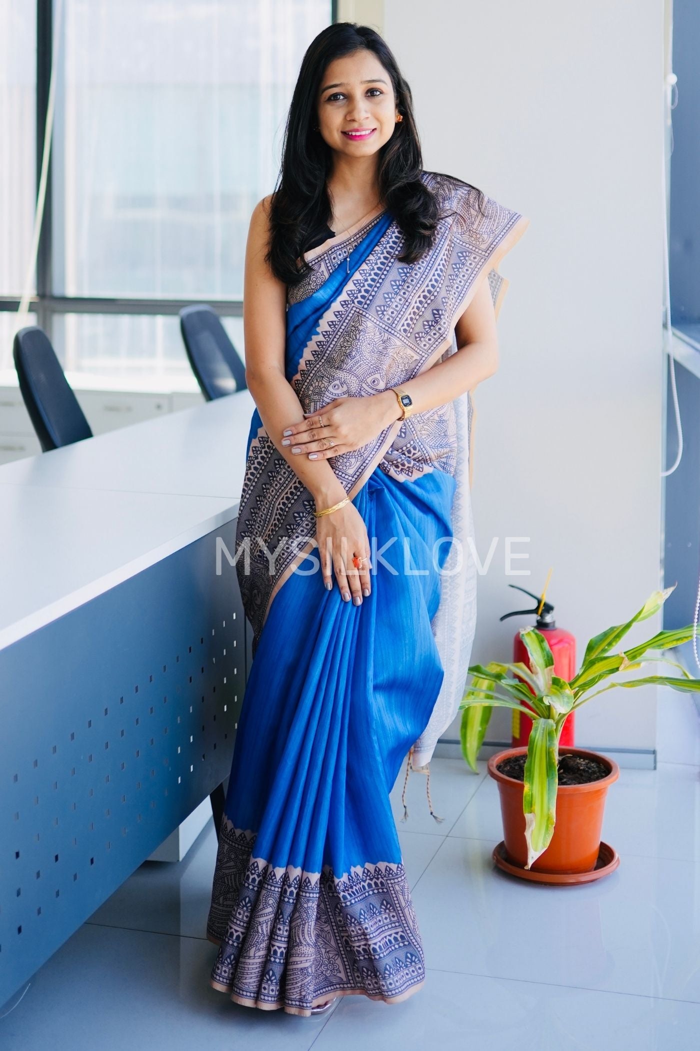 Buy MySilkLove Water Blue Madhubani Printed Silk Saree Without Blouse Online
