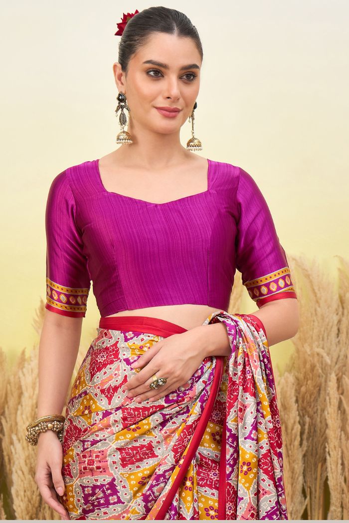 Buy MySilkLove Thistle Purple and Red Patola Printed Satin Crepe Silk Saree Online