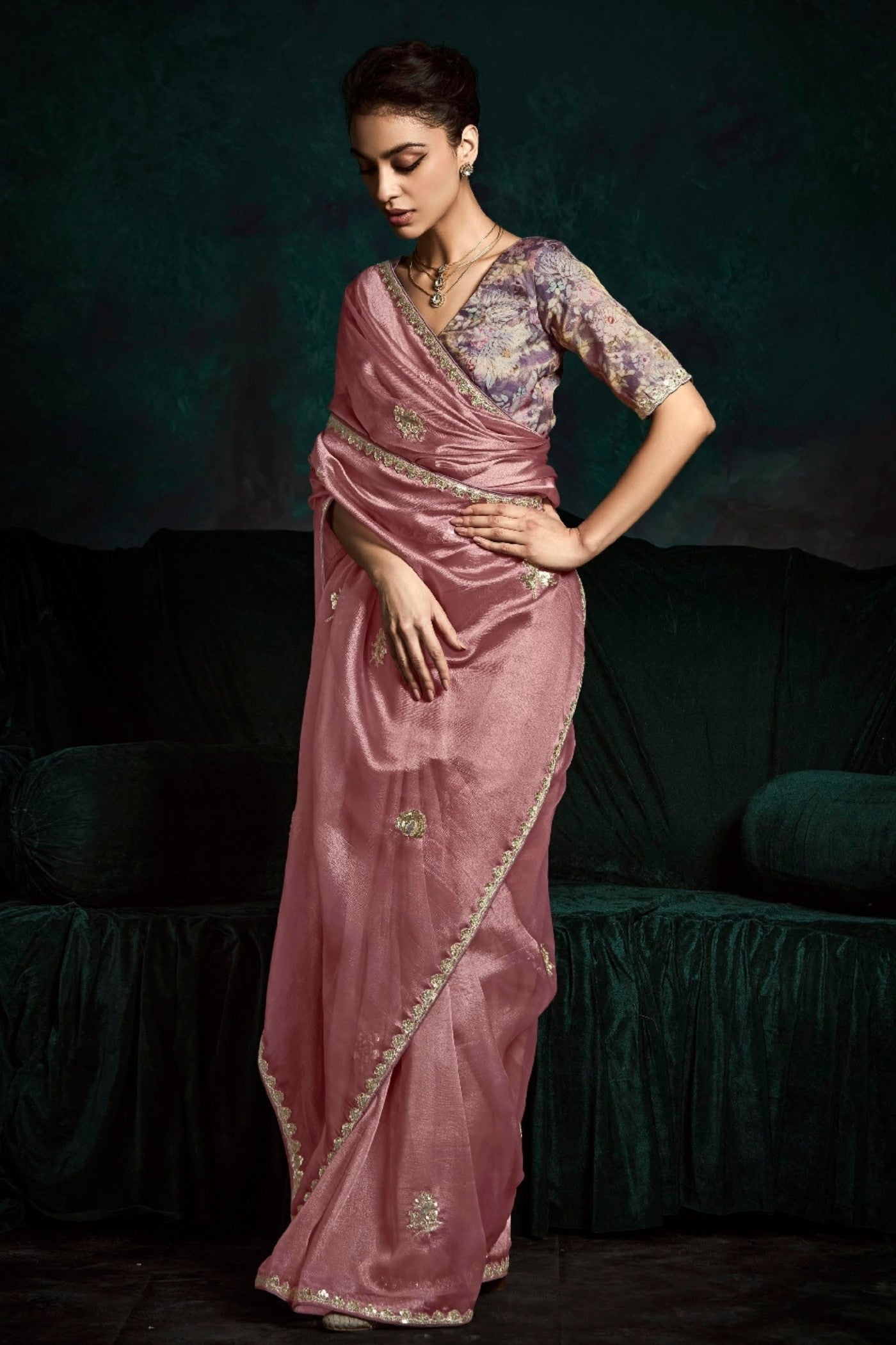 Buy MySilkLove Bush Pink Embroidered Tissue Designer Saree Online