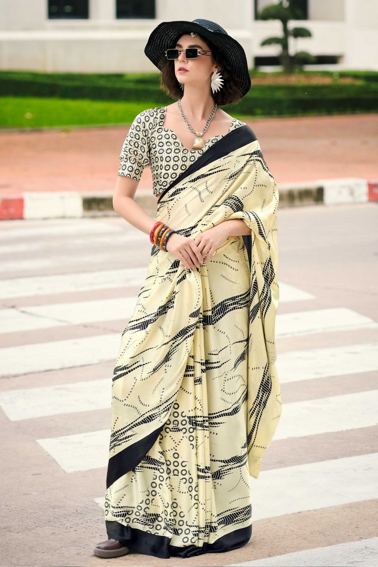 Buy MySilkLove Bavarian Cream Printed Satin Crepe Saree Online