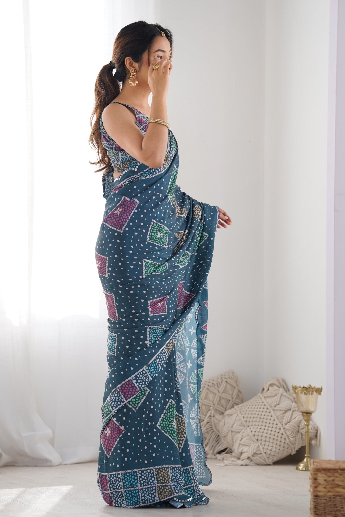 Buy MySilkLove Chambray Blue Digital Printed Chinon Saree Online